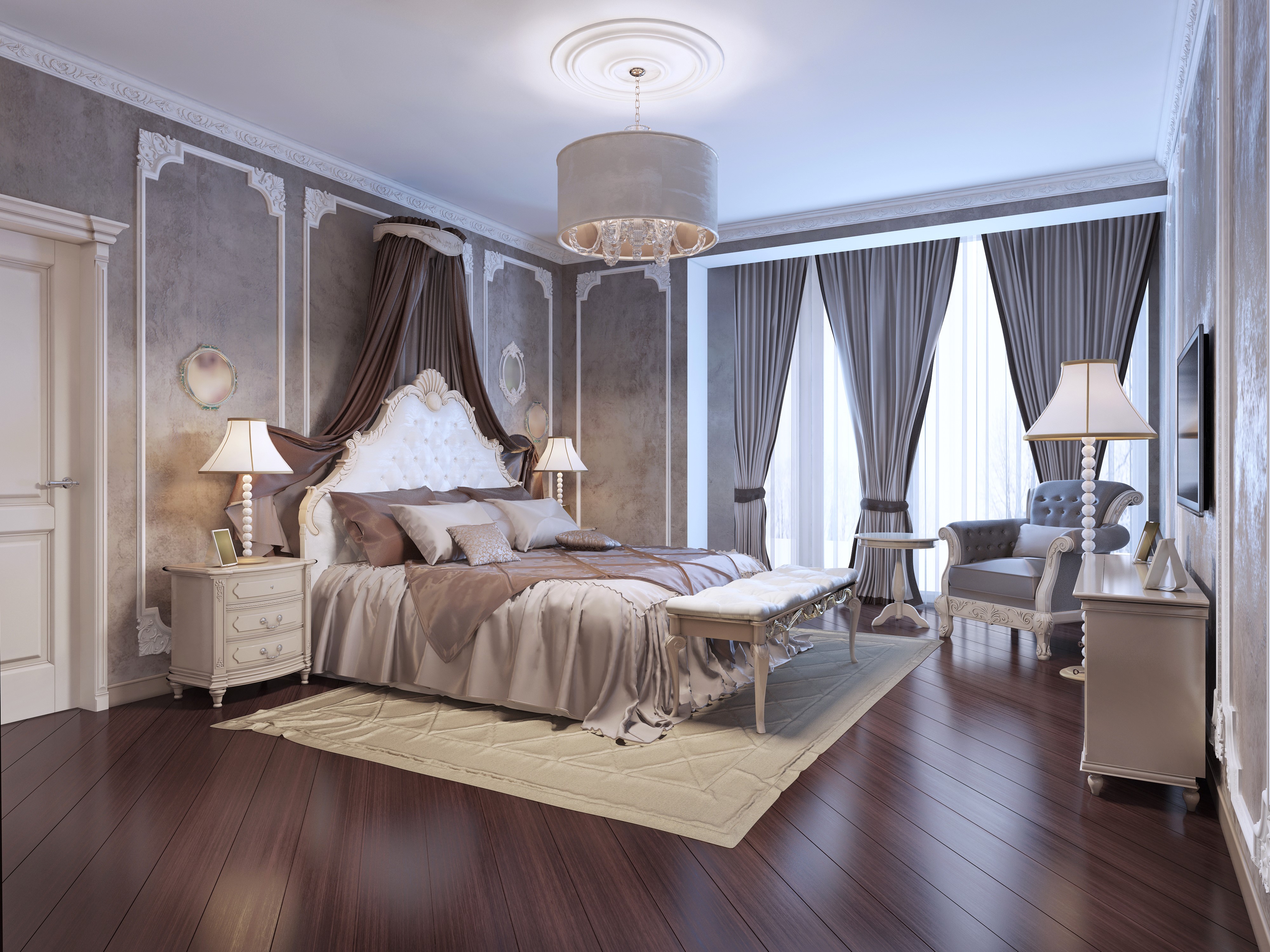 Elegant Bedroom Interior Design with Bed and Chandelier HD Wallpaper