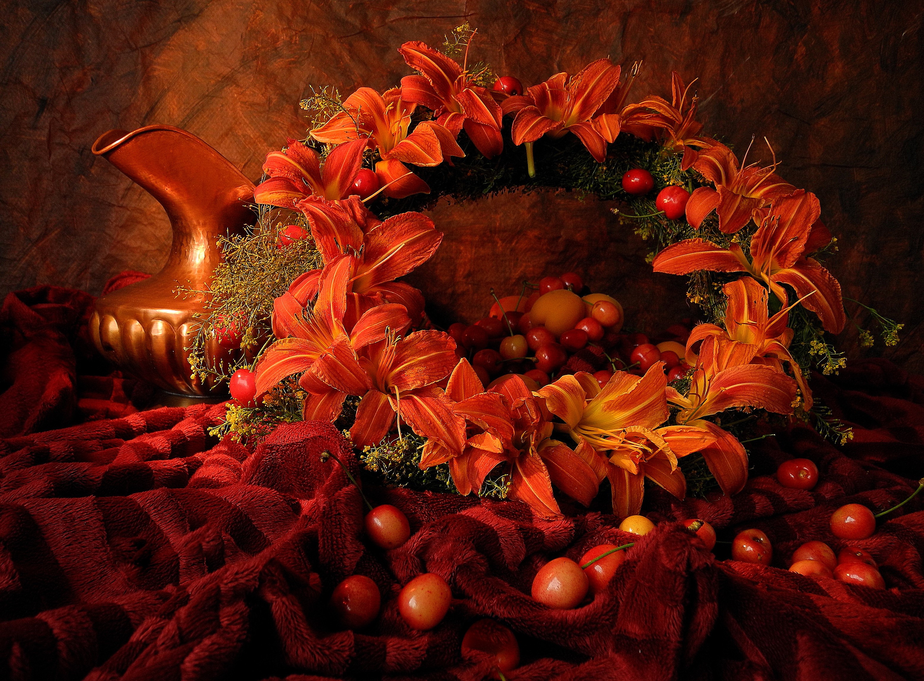 Still-life with orange lilies, cherries, and a copper jug HD Wallpaper