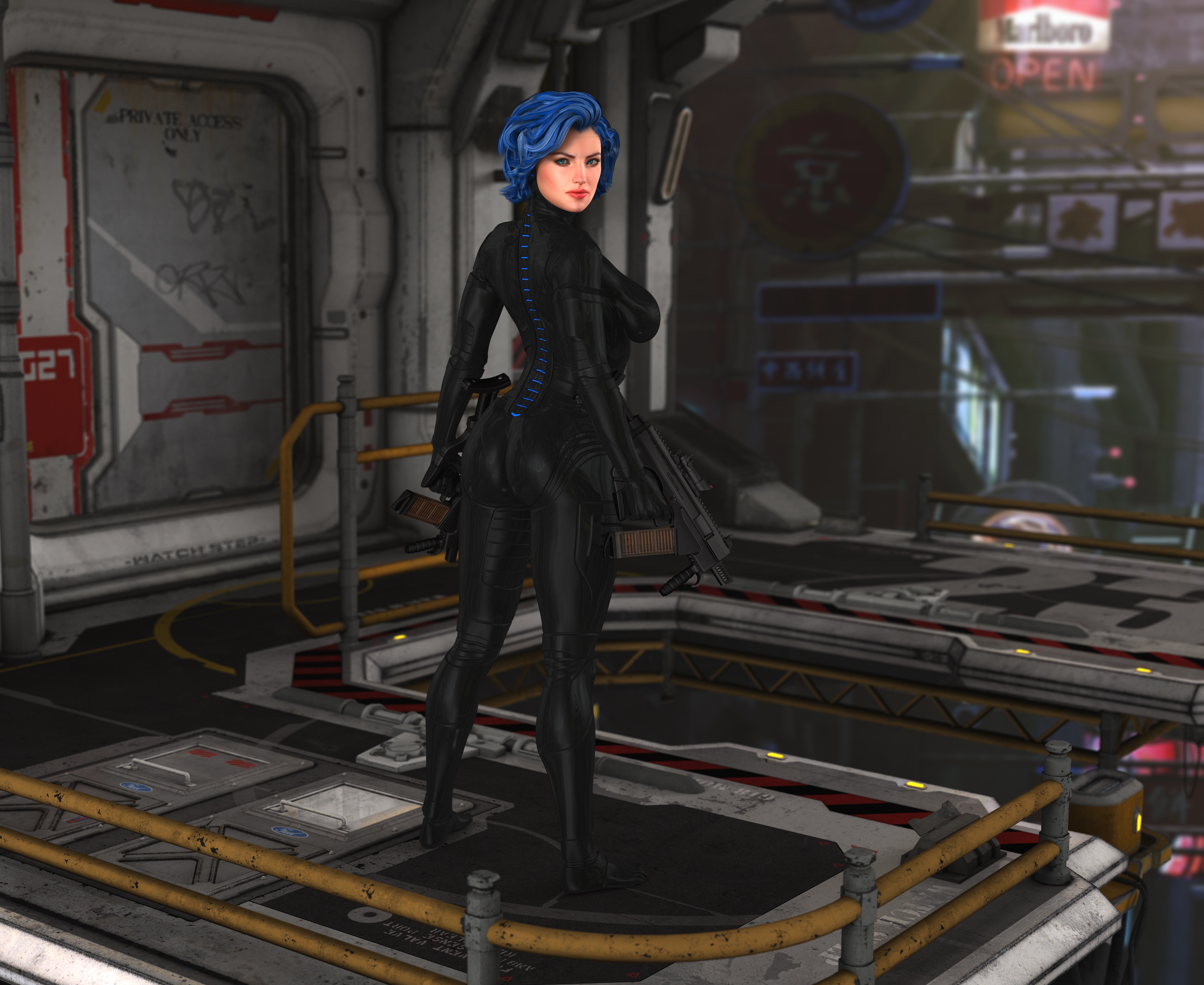 Woman with blue hair and assault rifles HD Wallpaper