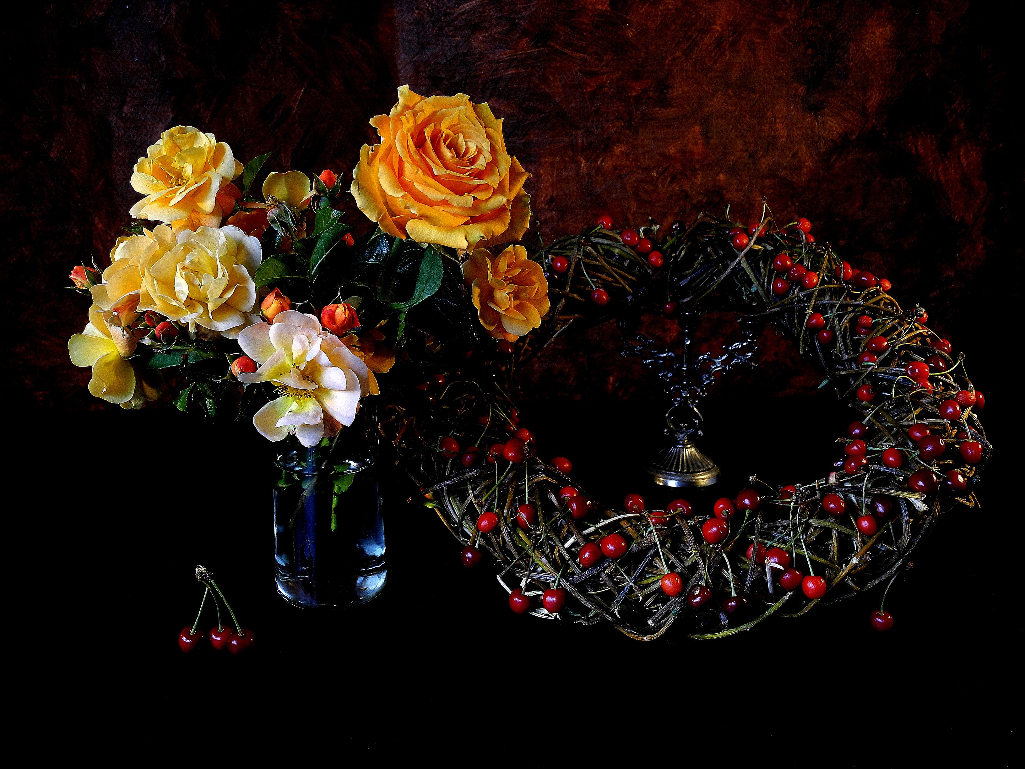 Yellow roses and cherries in a still life HD Wallpaper