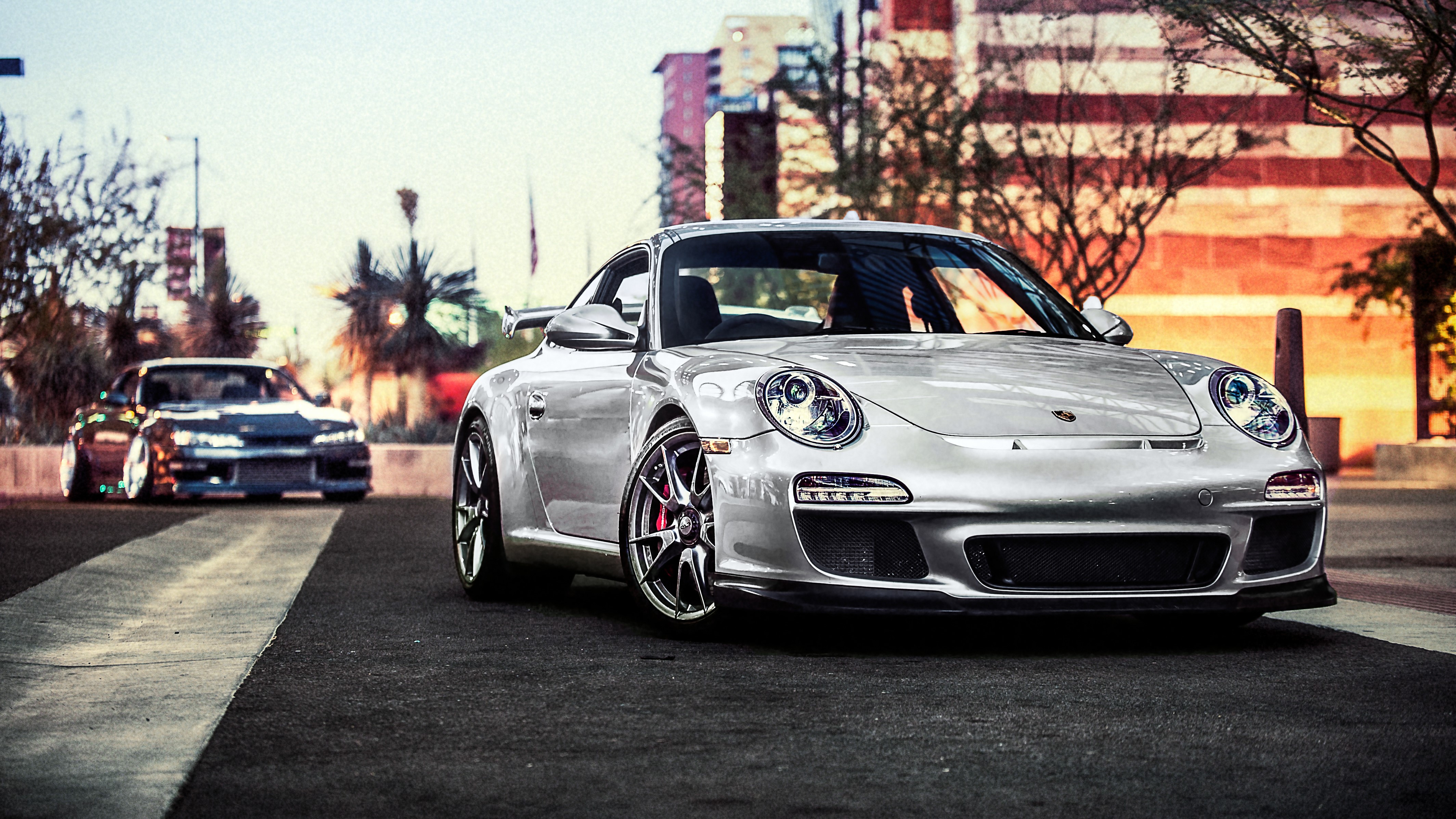Silver Porsche 911 GT3 on a City Street HD Wallpaper