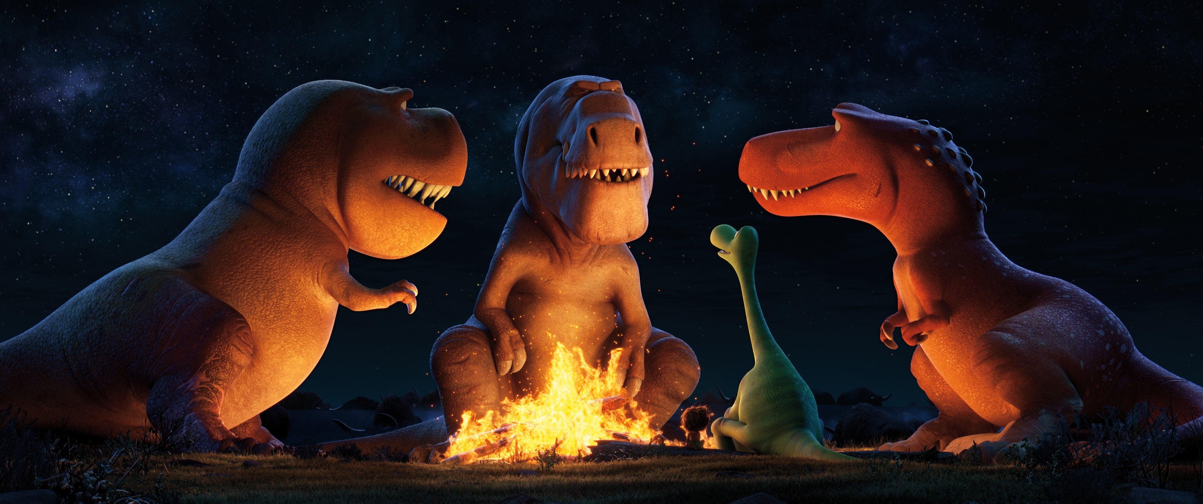 The Good Dinosaur: Three T-Rexes and a young dinosaur by campfire HD Wallpaper