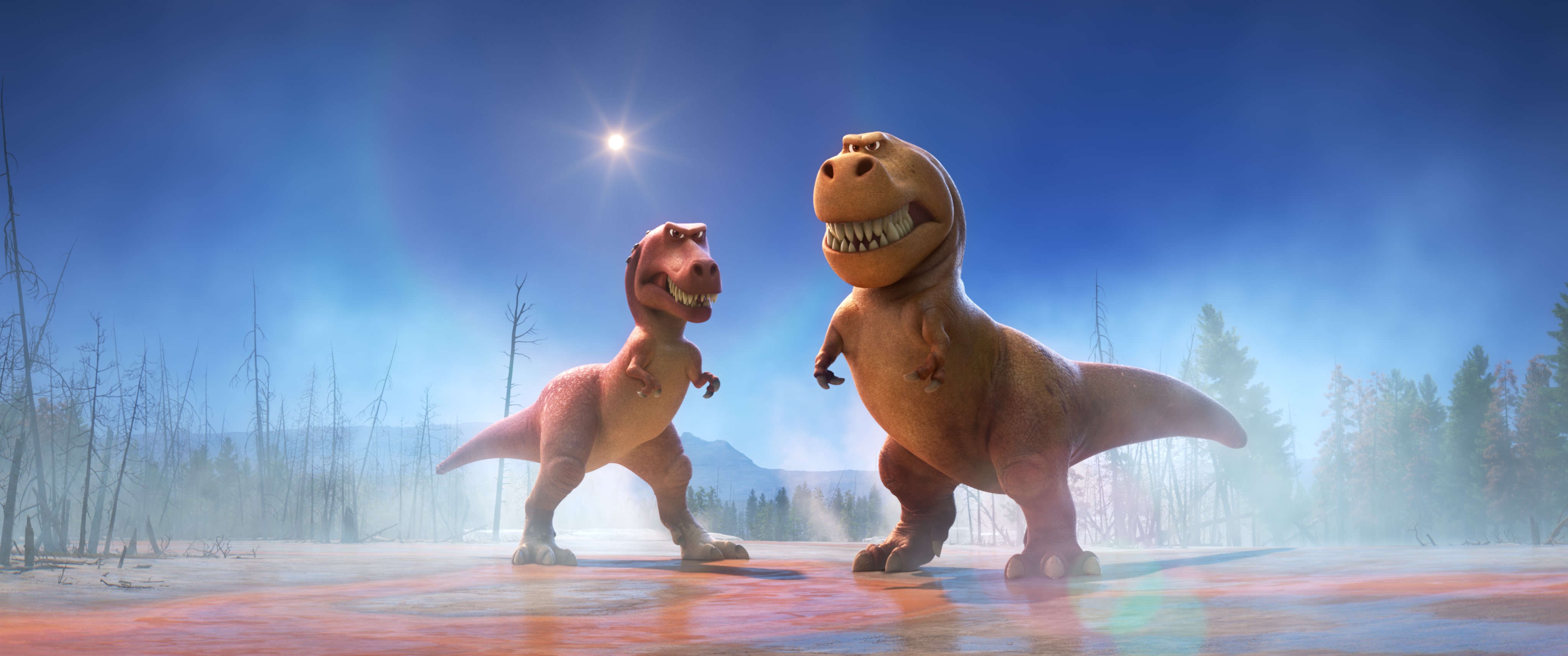 Two dinosaurs in a prehistoric landscape HD Wallpaper