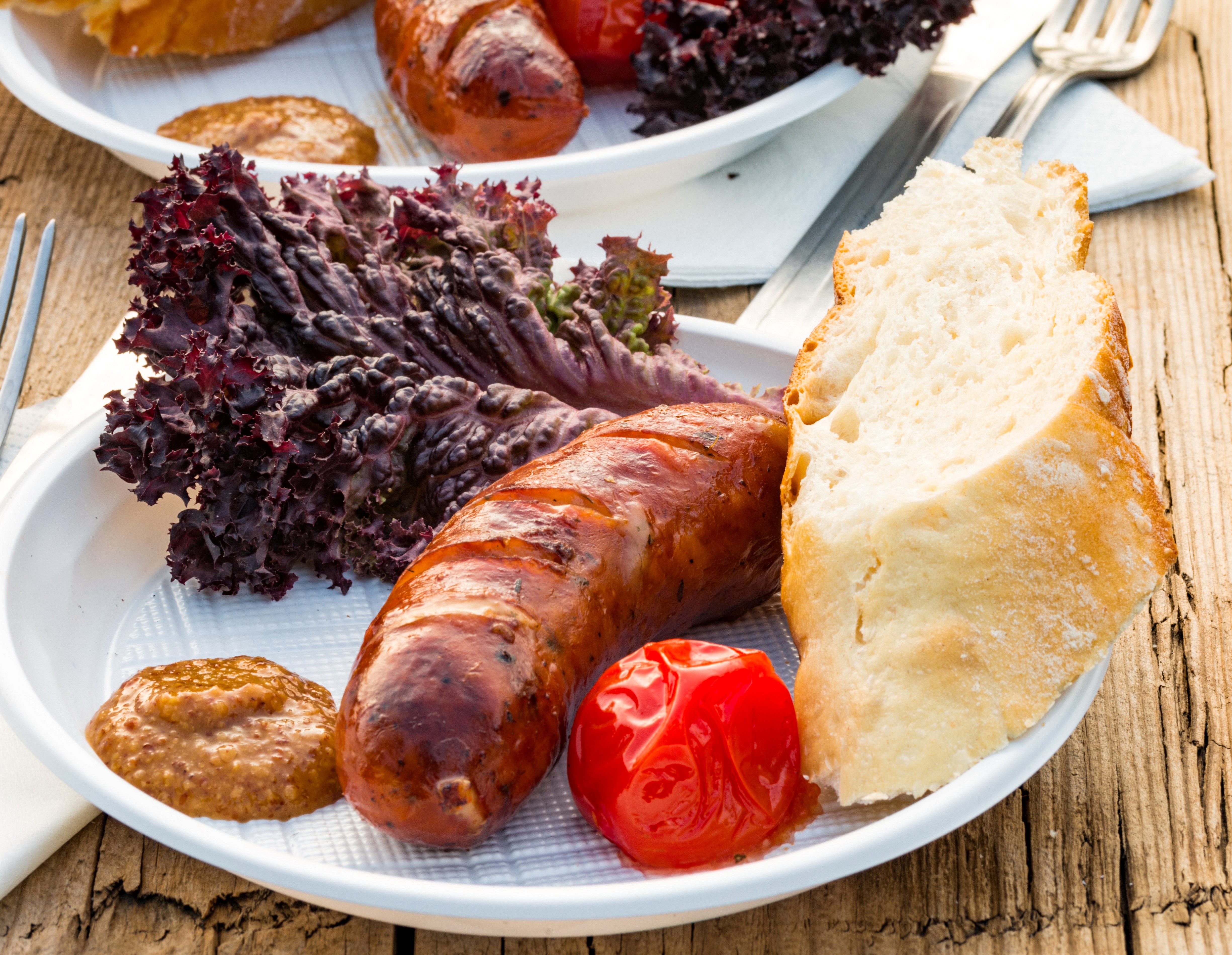 Sausage, Bread, and Salad on a Plate HD Wallpaper