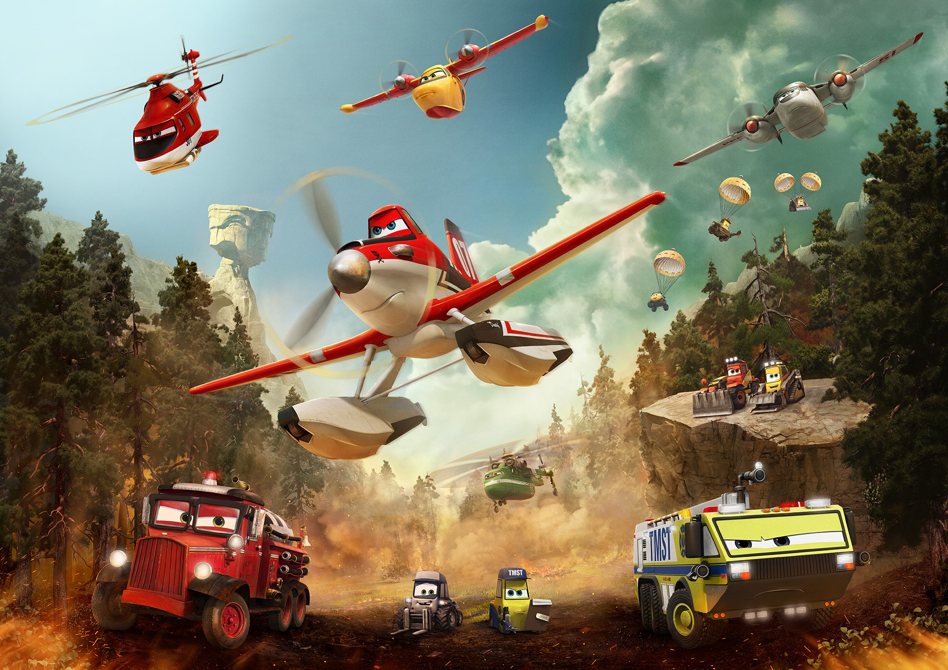 Planes: Fire and Rescue characters in a forest fire scene HD Wallpaper