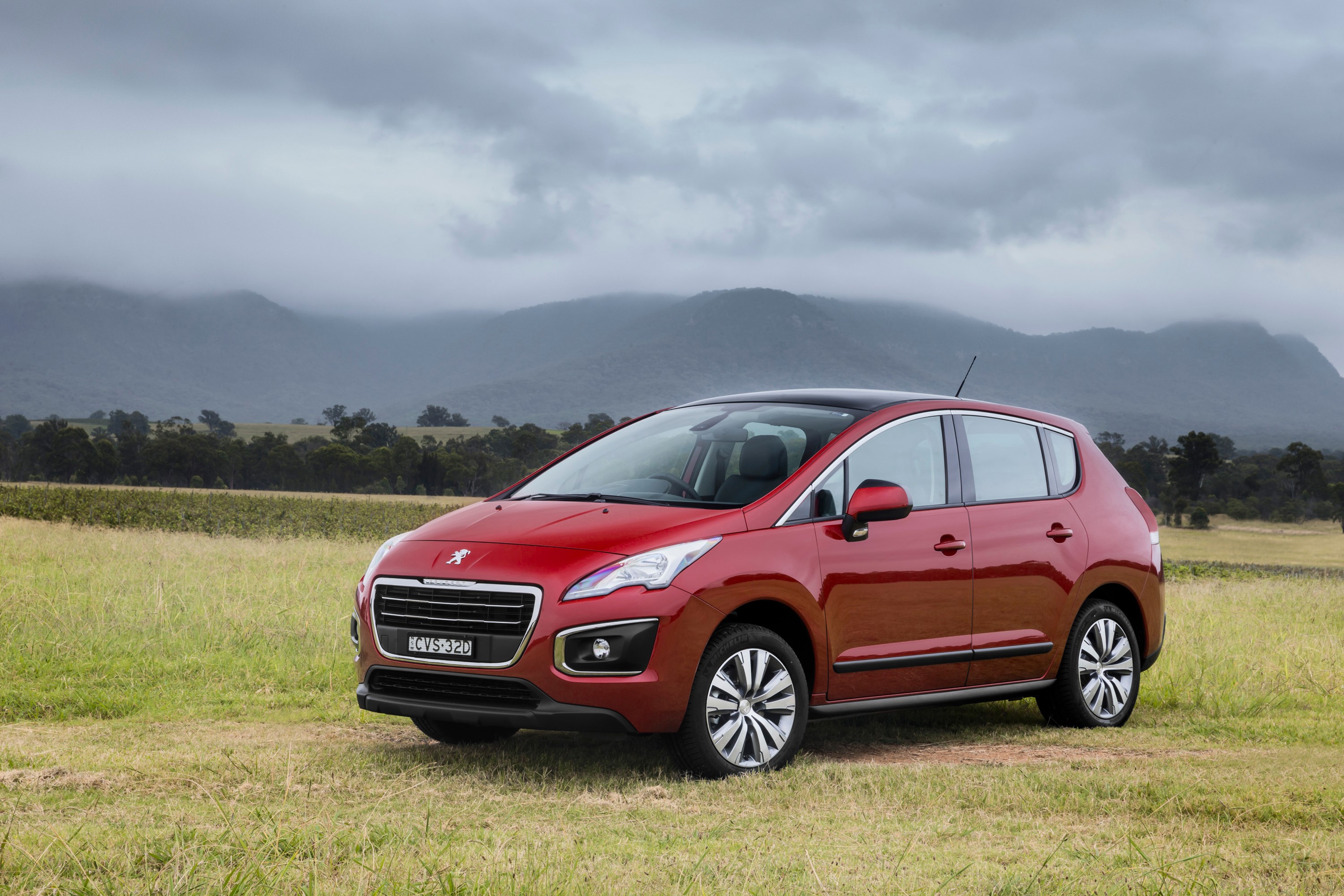 Red Peugeot 3008 parked in a field HD Wallpaper