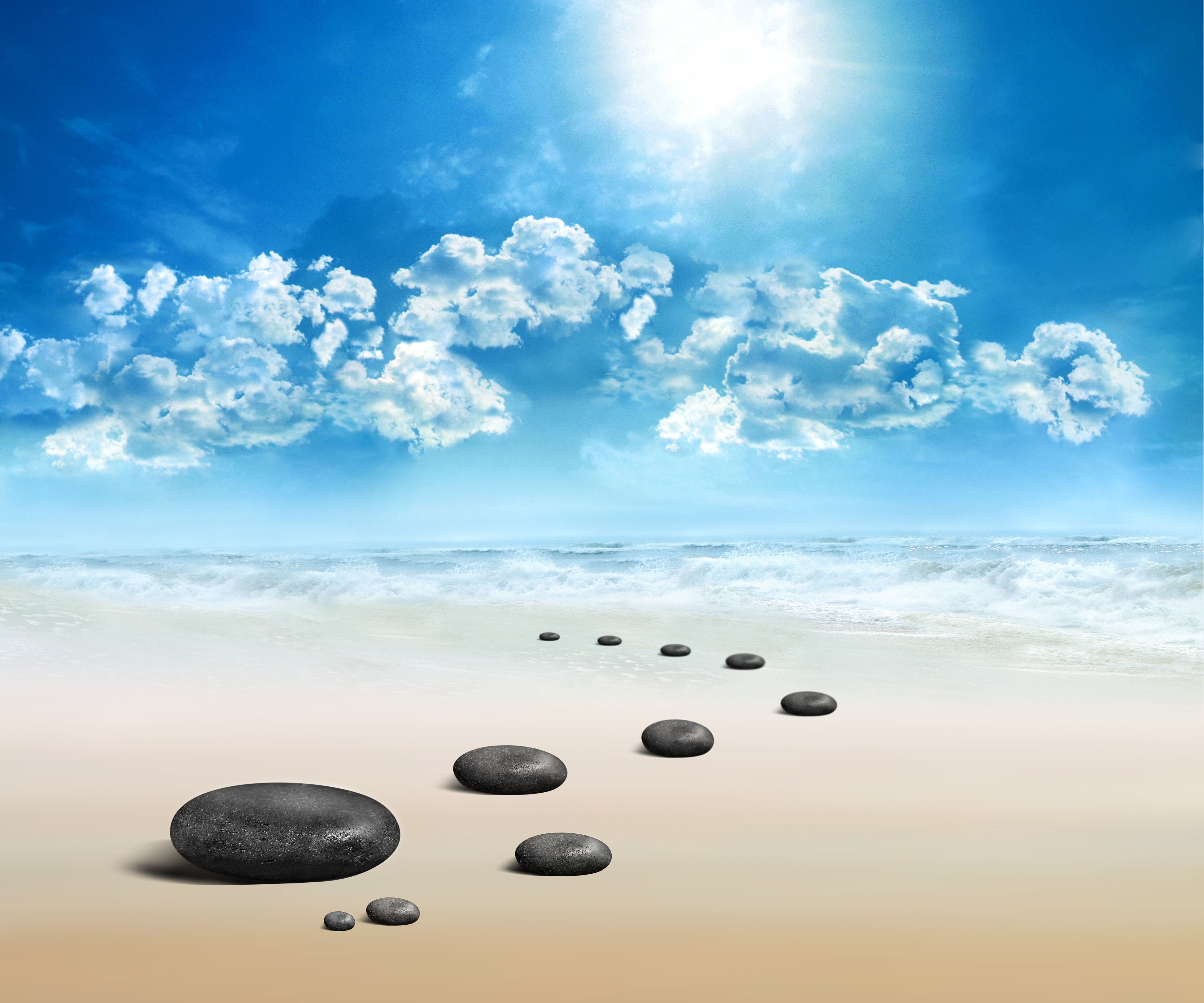 Stepping stones on a beach with clouds and sun HD Wallpaper