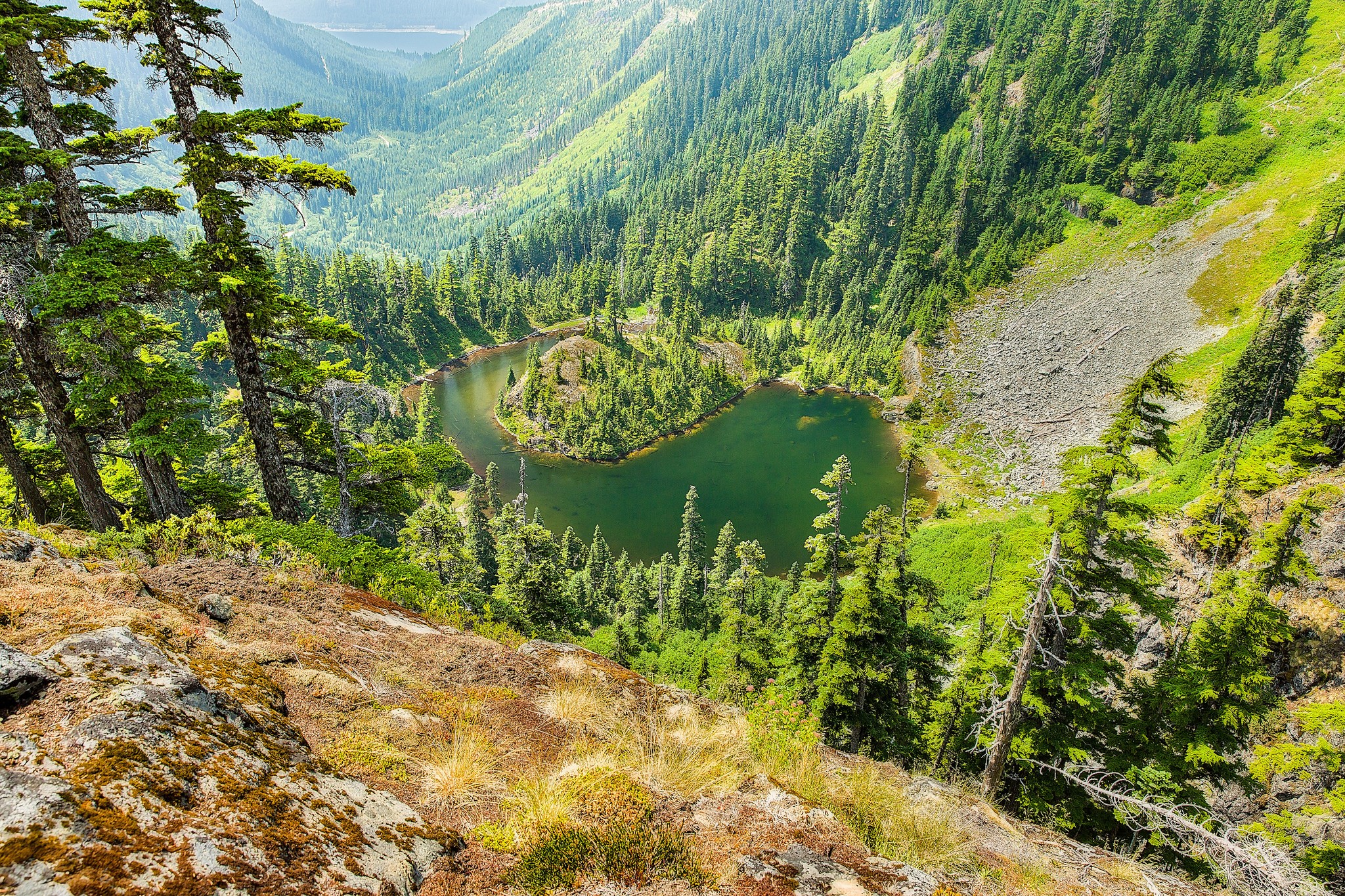 Heart-shaped lake surrounded by evergreen forests in the mountains HD Wallpaper
