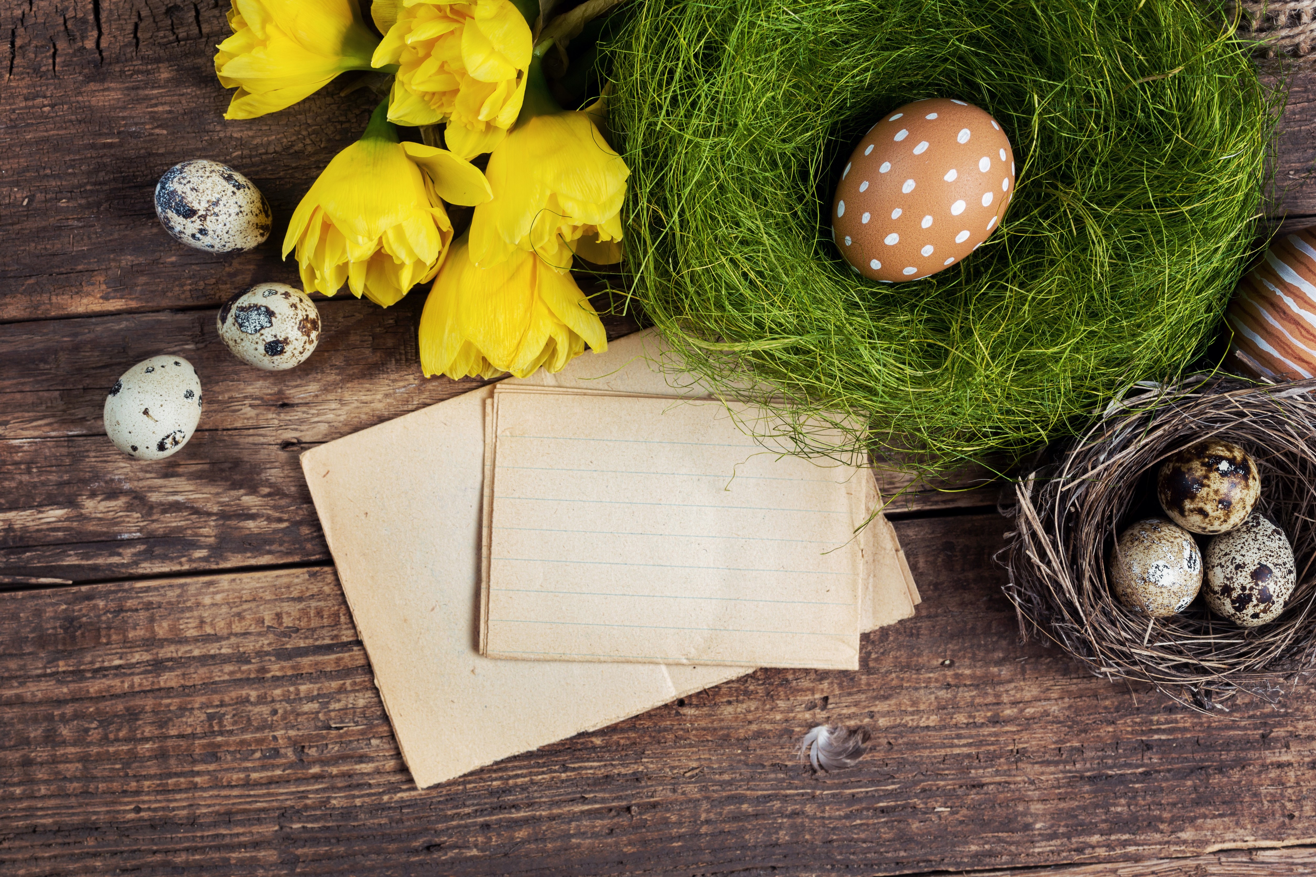 Easter eggs and yellow tulips on wooden table HD Wallpaper