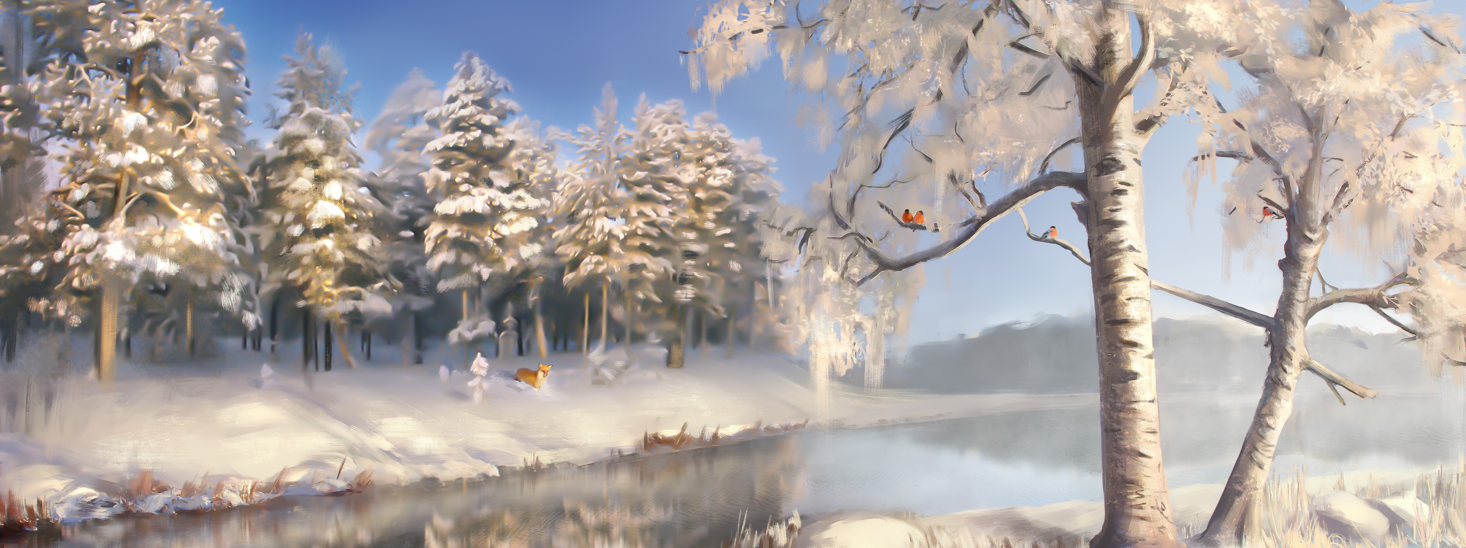 Winter forest painting with birds and foxes HD Wallpaper