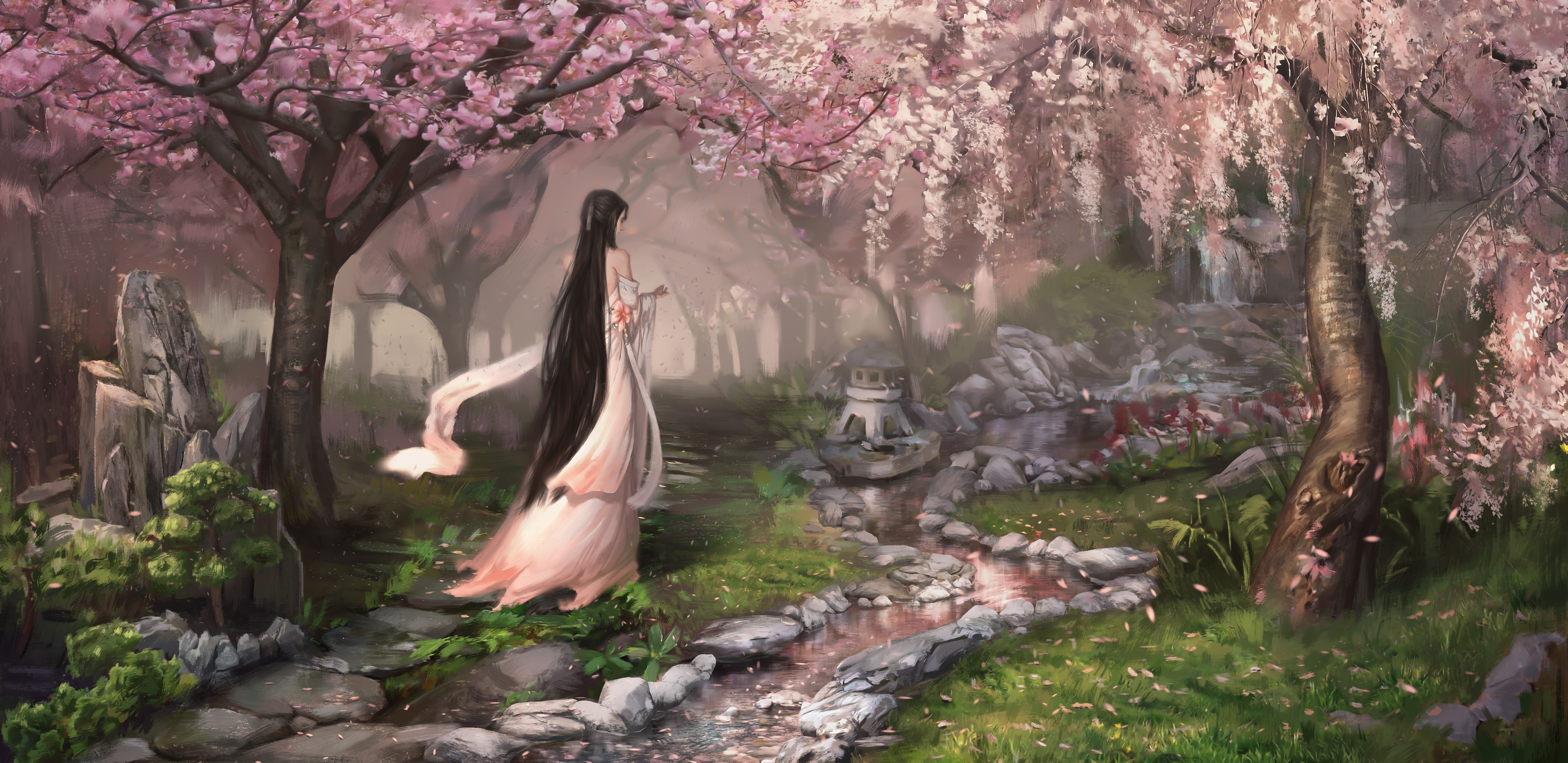 Woman with long hair in a pink dress under sakura trees HD Wallpaper