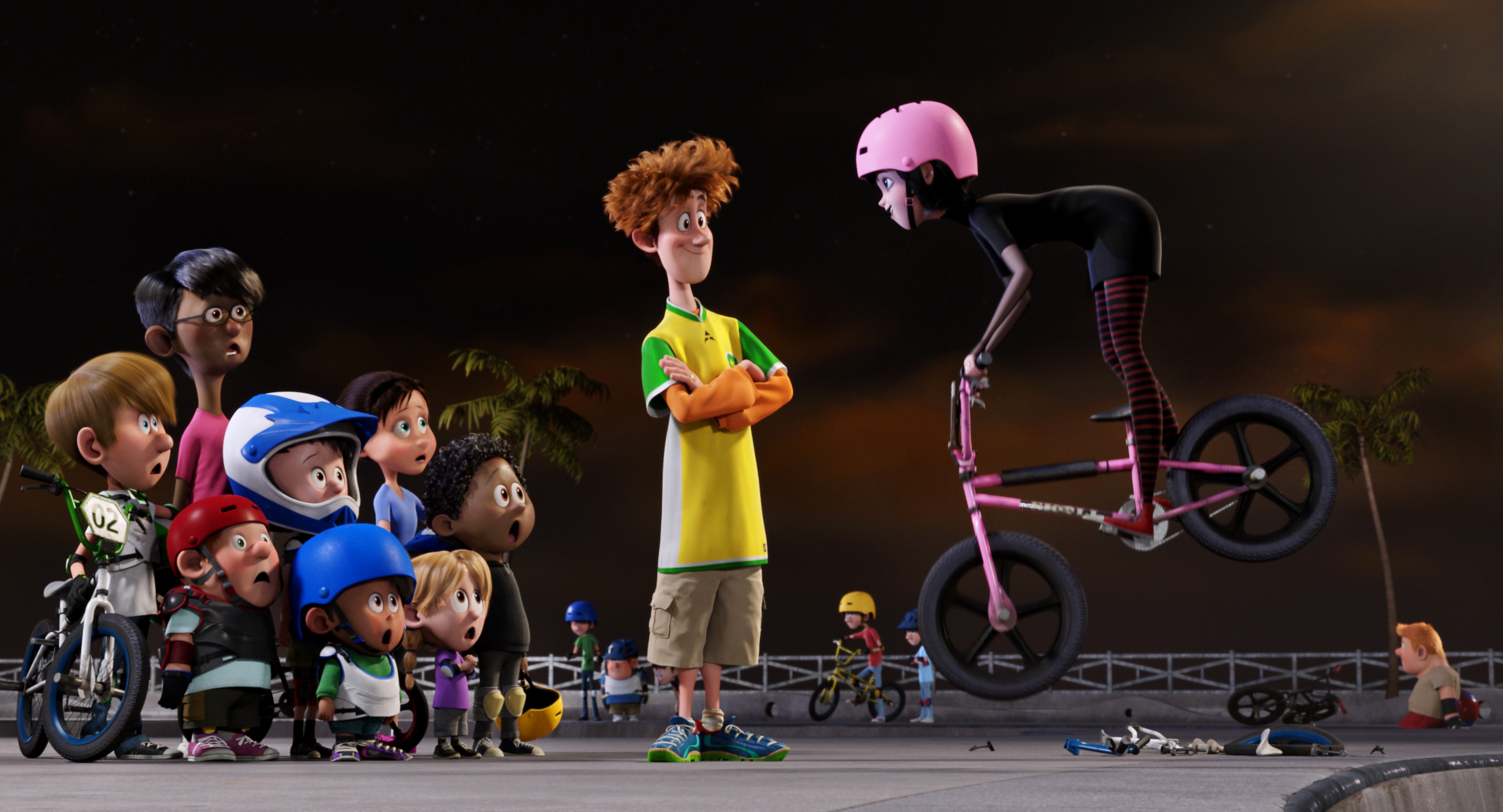 Mavis and Johnny from Hotel Transylvania 2 on BMX bikes HD Wallpaper