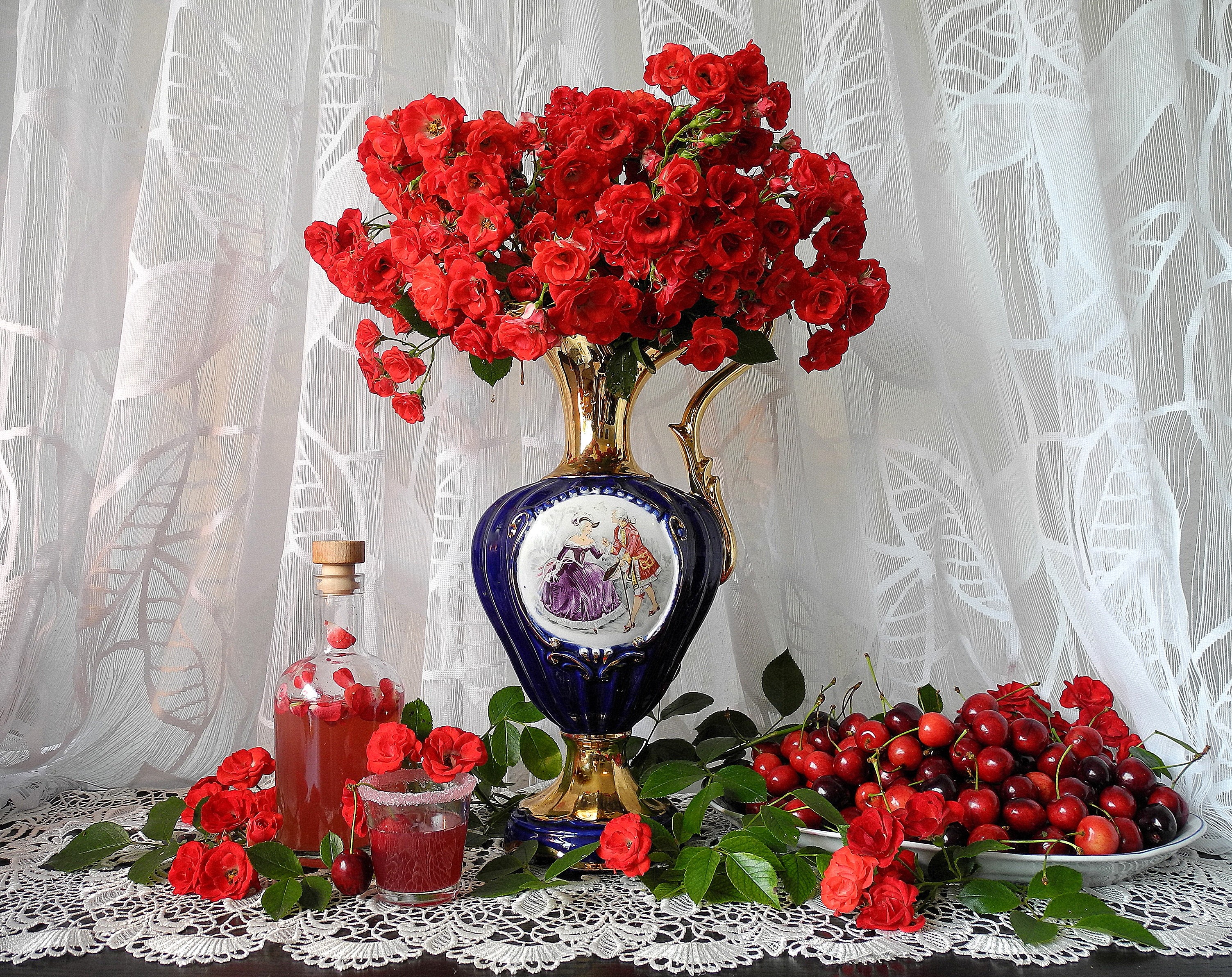Still life with roses, cherries, and a bottle of drink HD Wallpaper