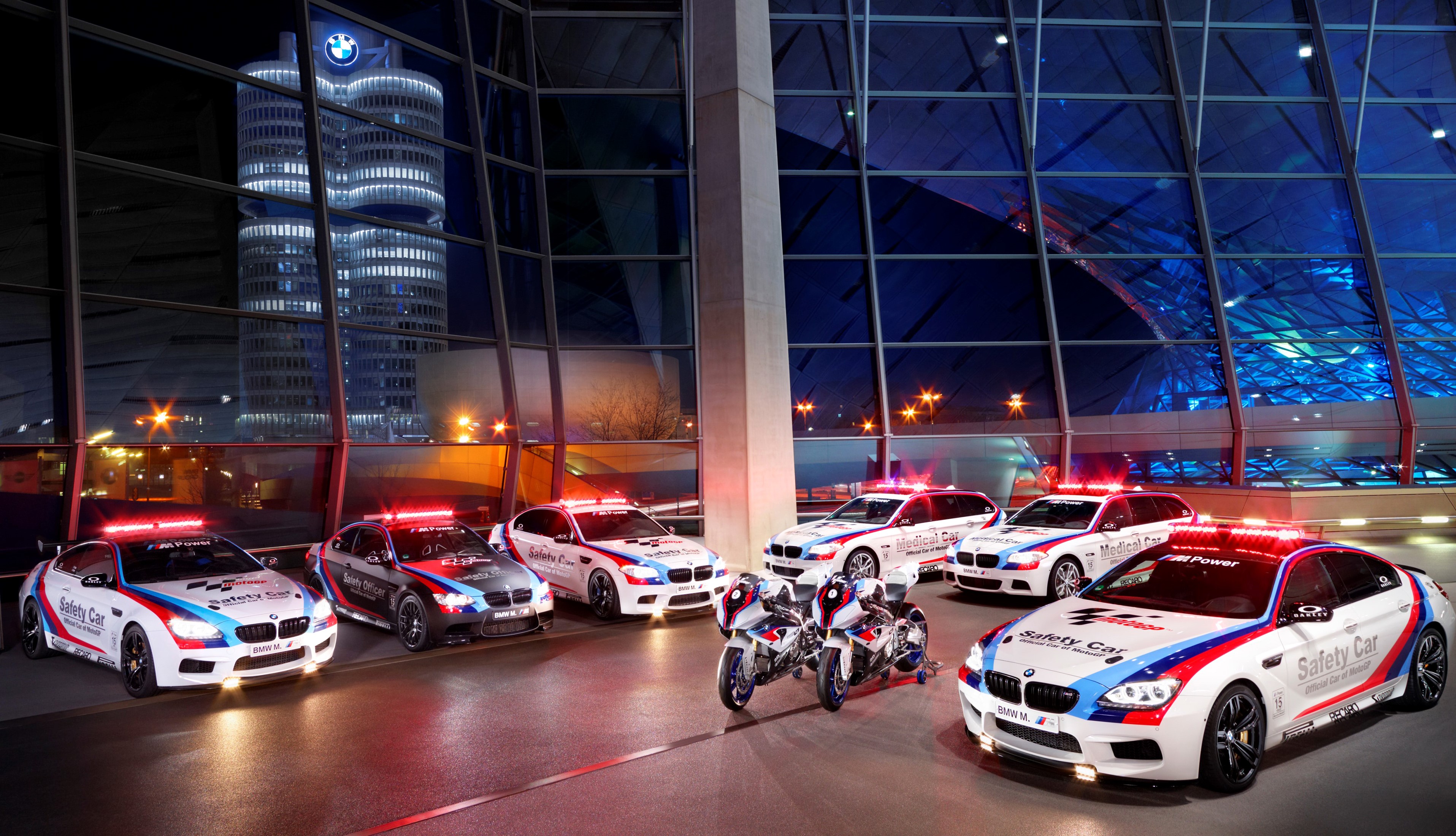 BMW Safety Cars and Motorcycles at BMW Headquarters HD Wallpaper