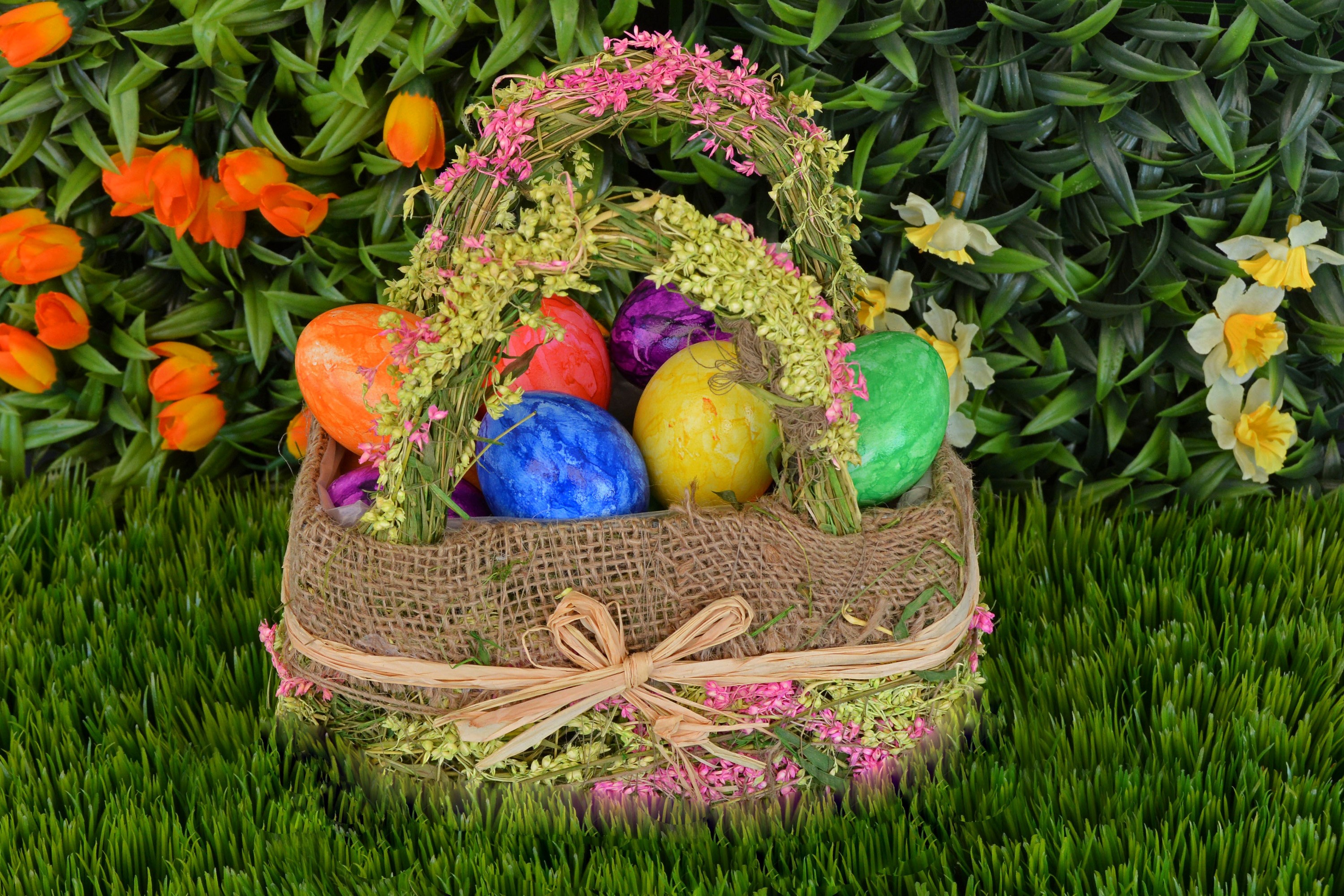 Easter basket with colorful eggs and flowers on grass HD Wallpaper