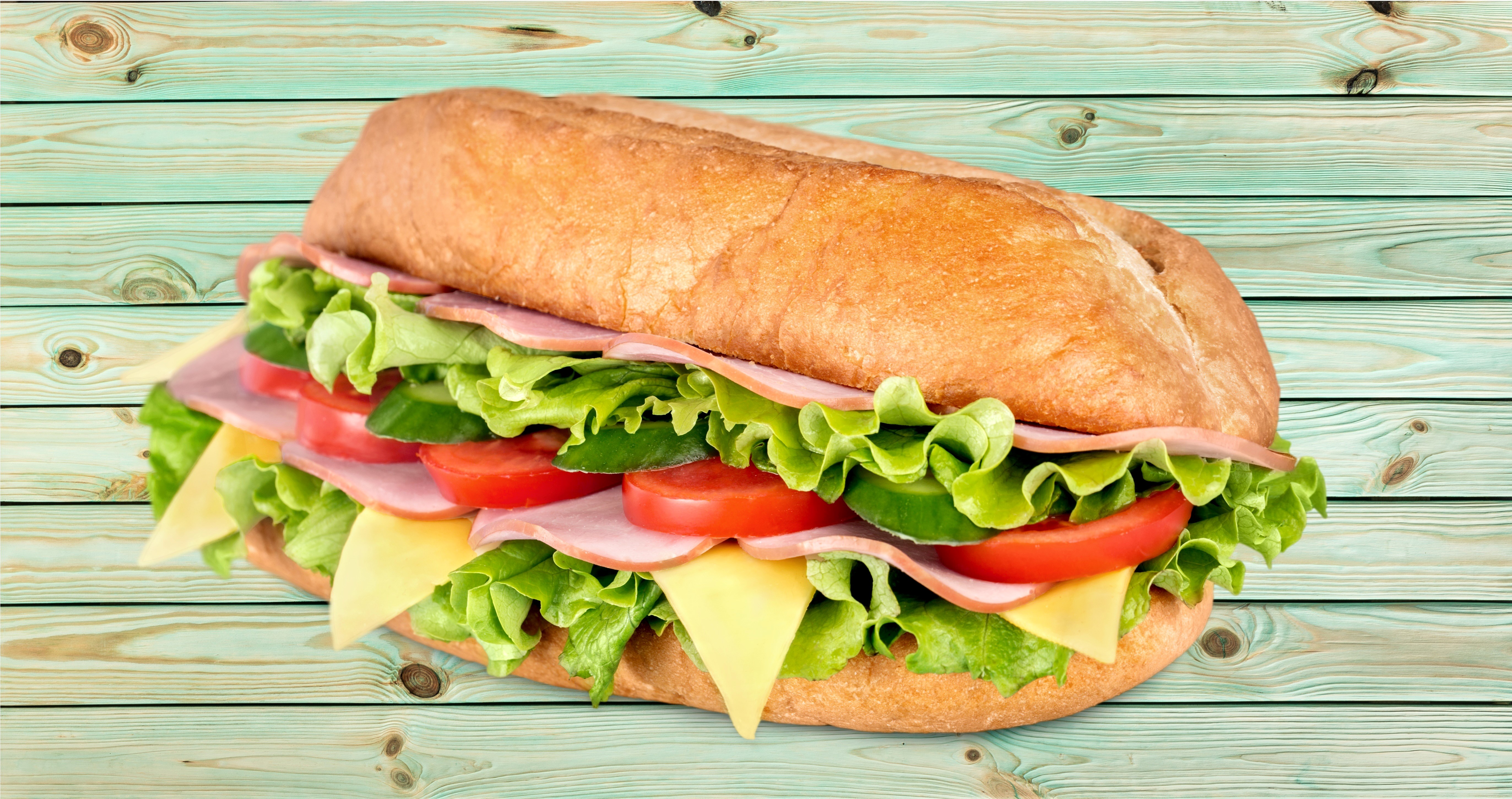 Sandwich with ham, cheese, lettuce, tomato, and cucumber HD Wallpaper