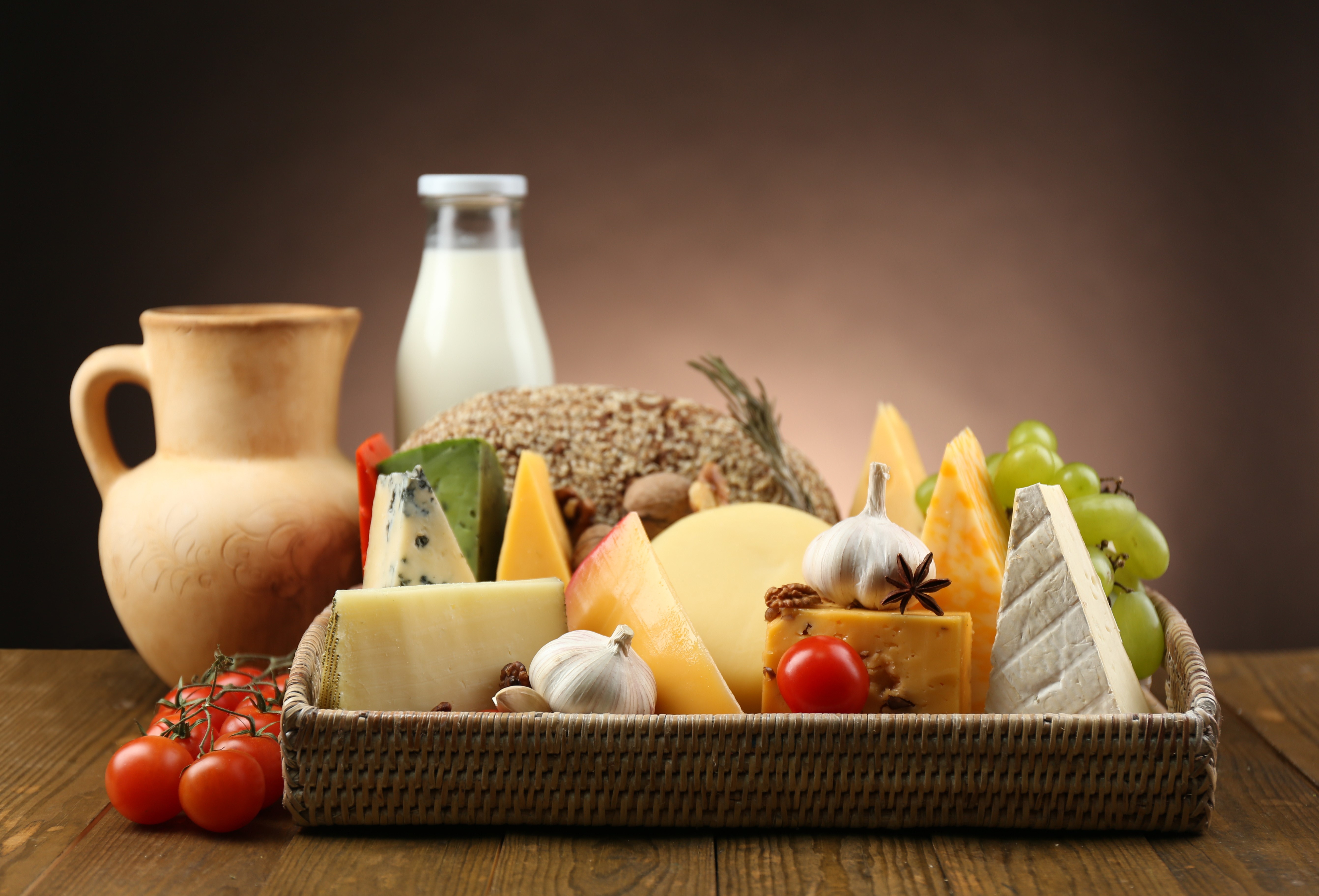 Cheese and Dairy Products with Jug and Tomatoes HD Wallpaper