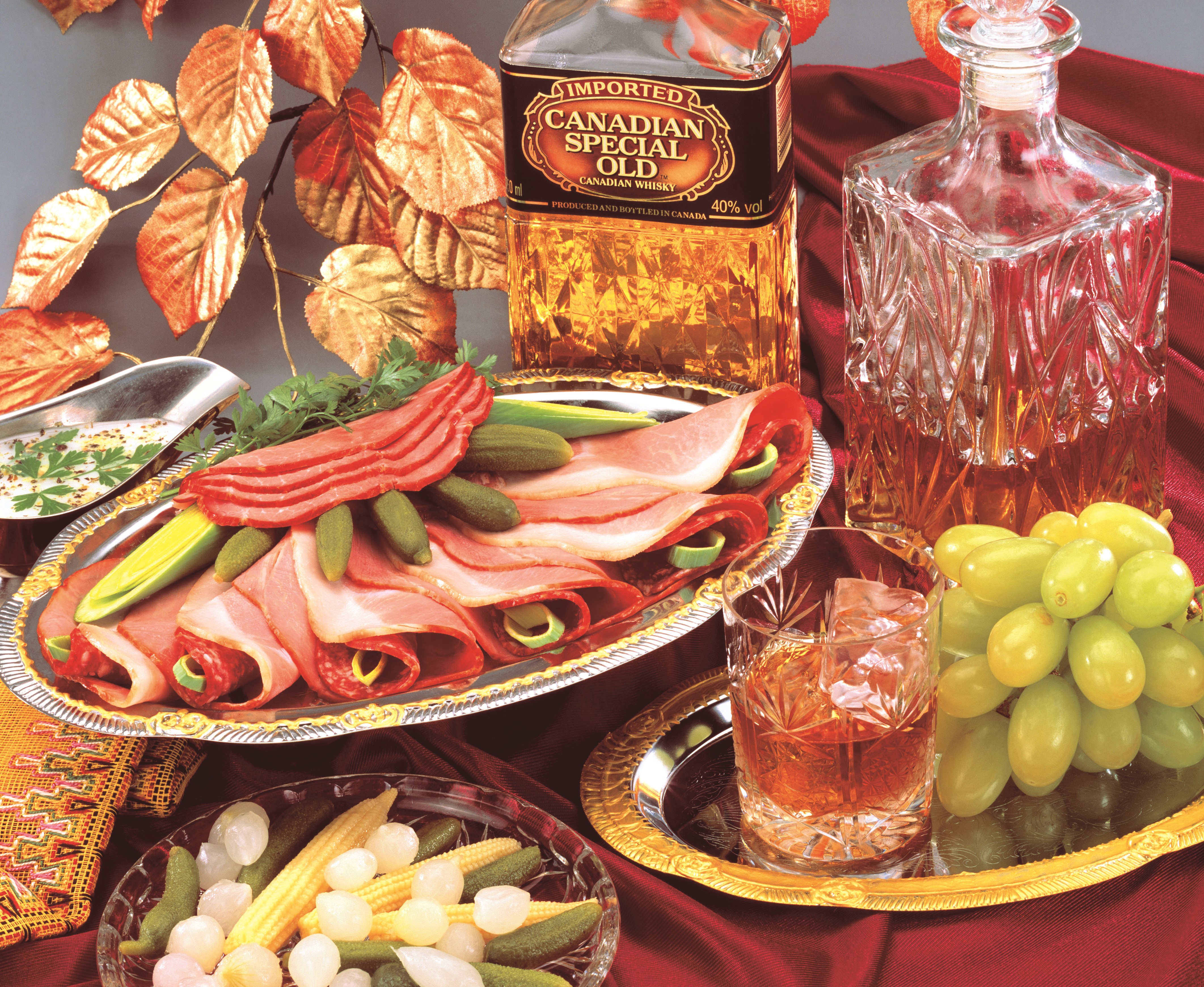 Still-life with Ham, Grapes, and Canadian Whisky HD Wallpaper