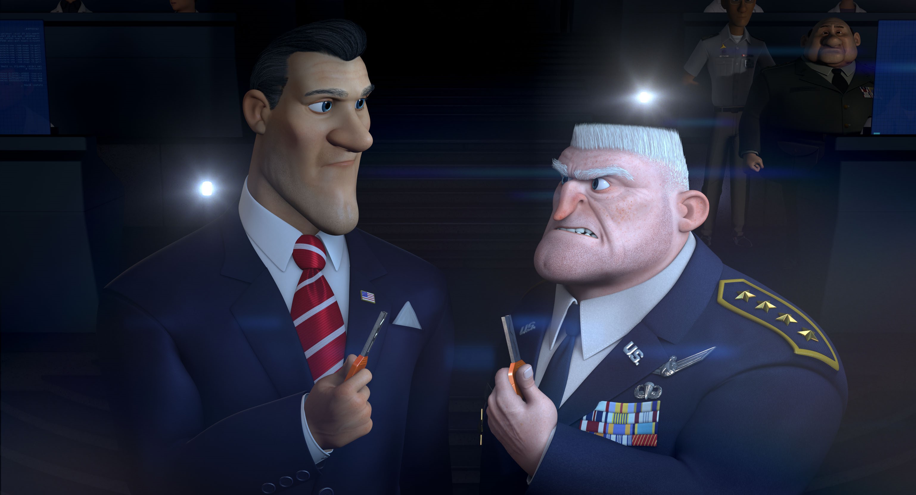 Two men in suits and military uniform holding screwdrivers HD Wallpaper