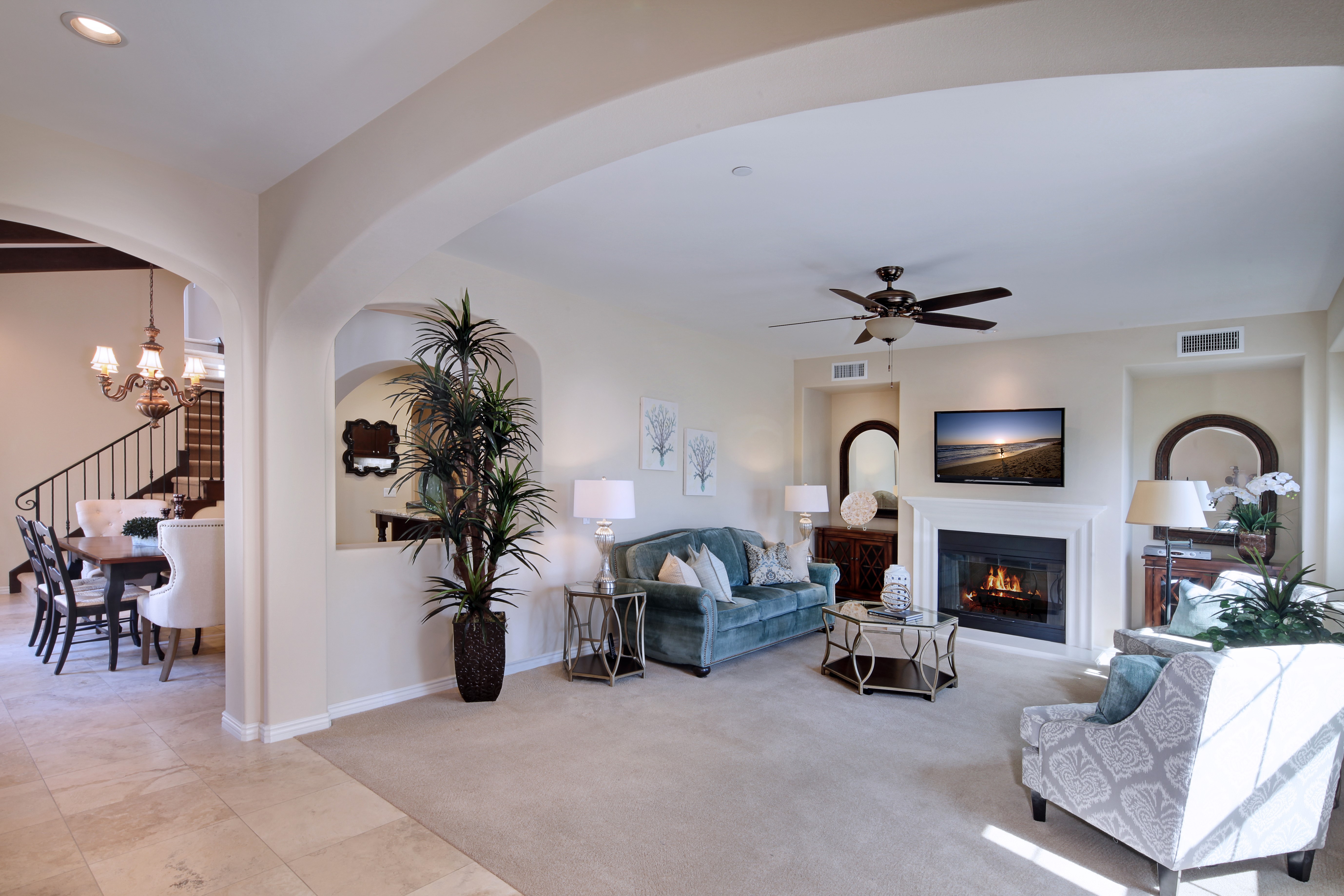 Living room with fireplace and dining area HD Wallpaper