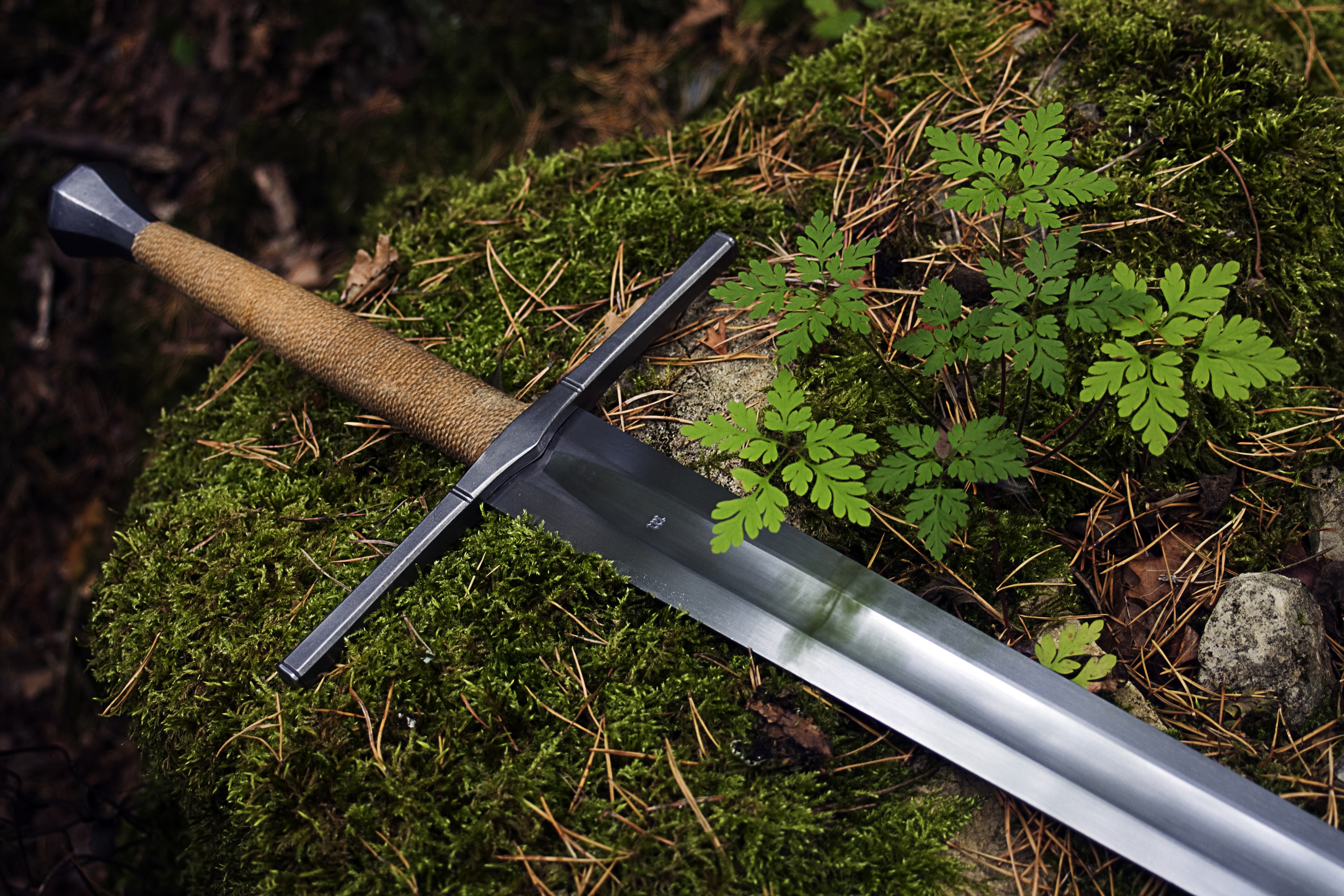 Close-up of a sword on mossy ground HD Wallpaper