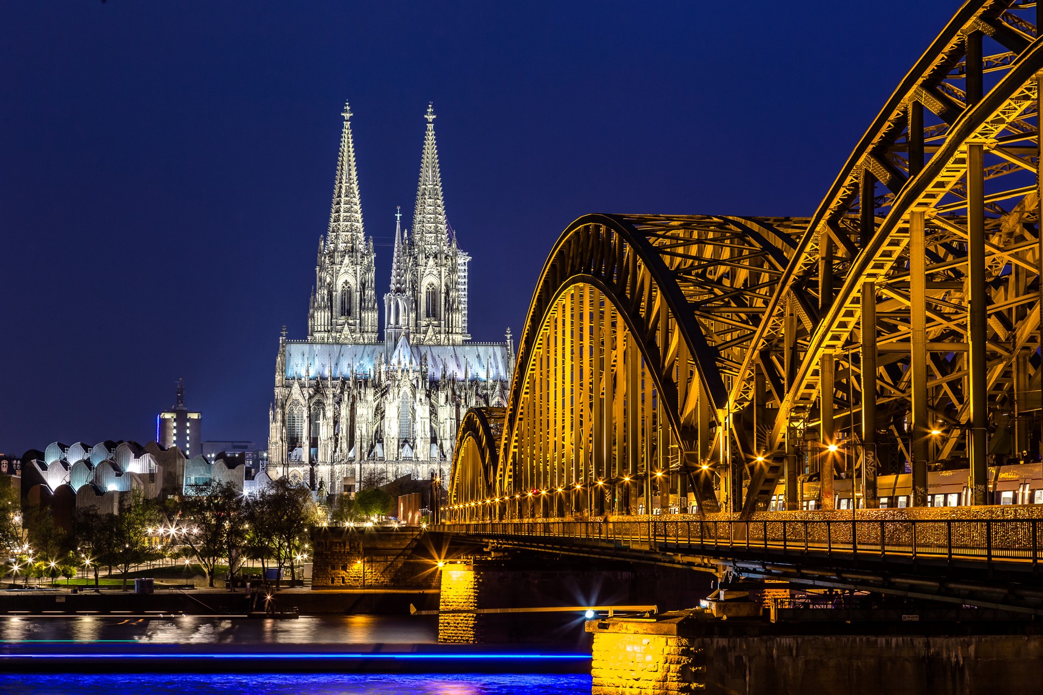 Cologne Cathedral and Hohenzollern Bridge at Night, Germany HD Wallpaper