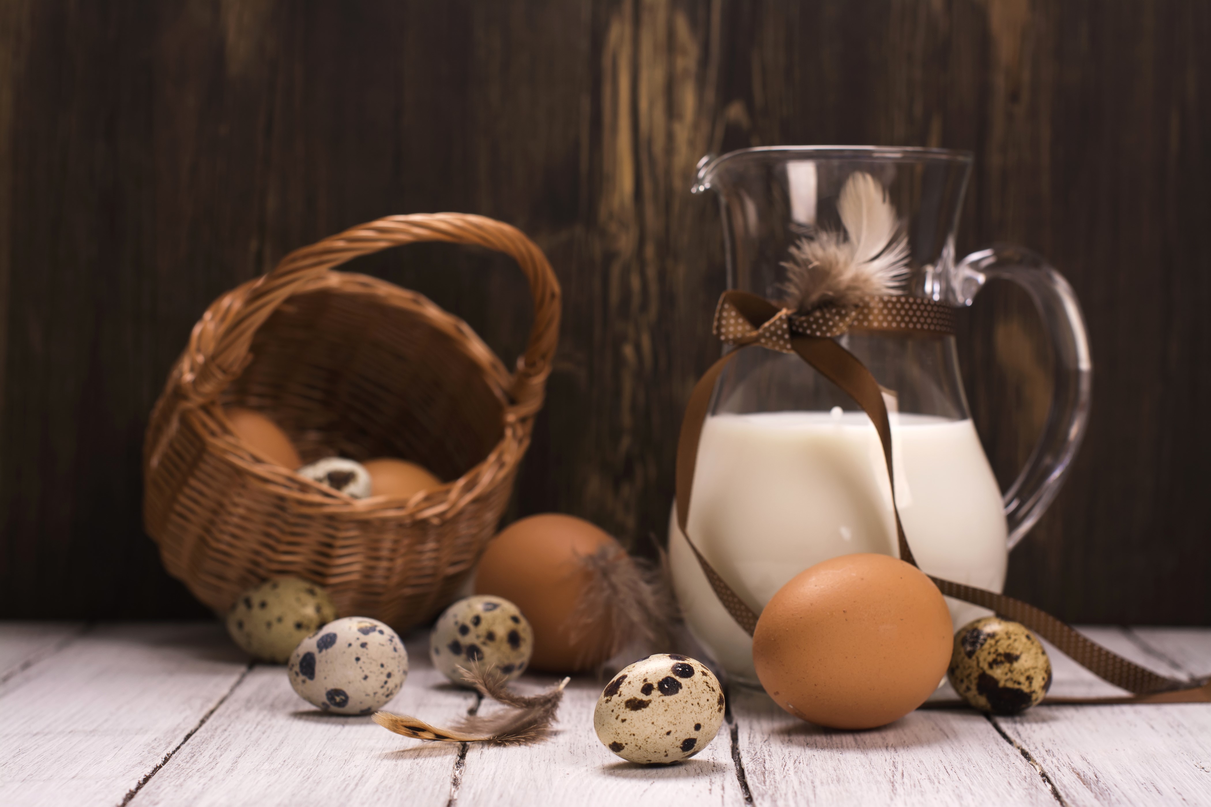 Milk and Eggs in Wicker Basket with Feathers HD Wallpaper