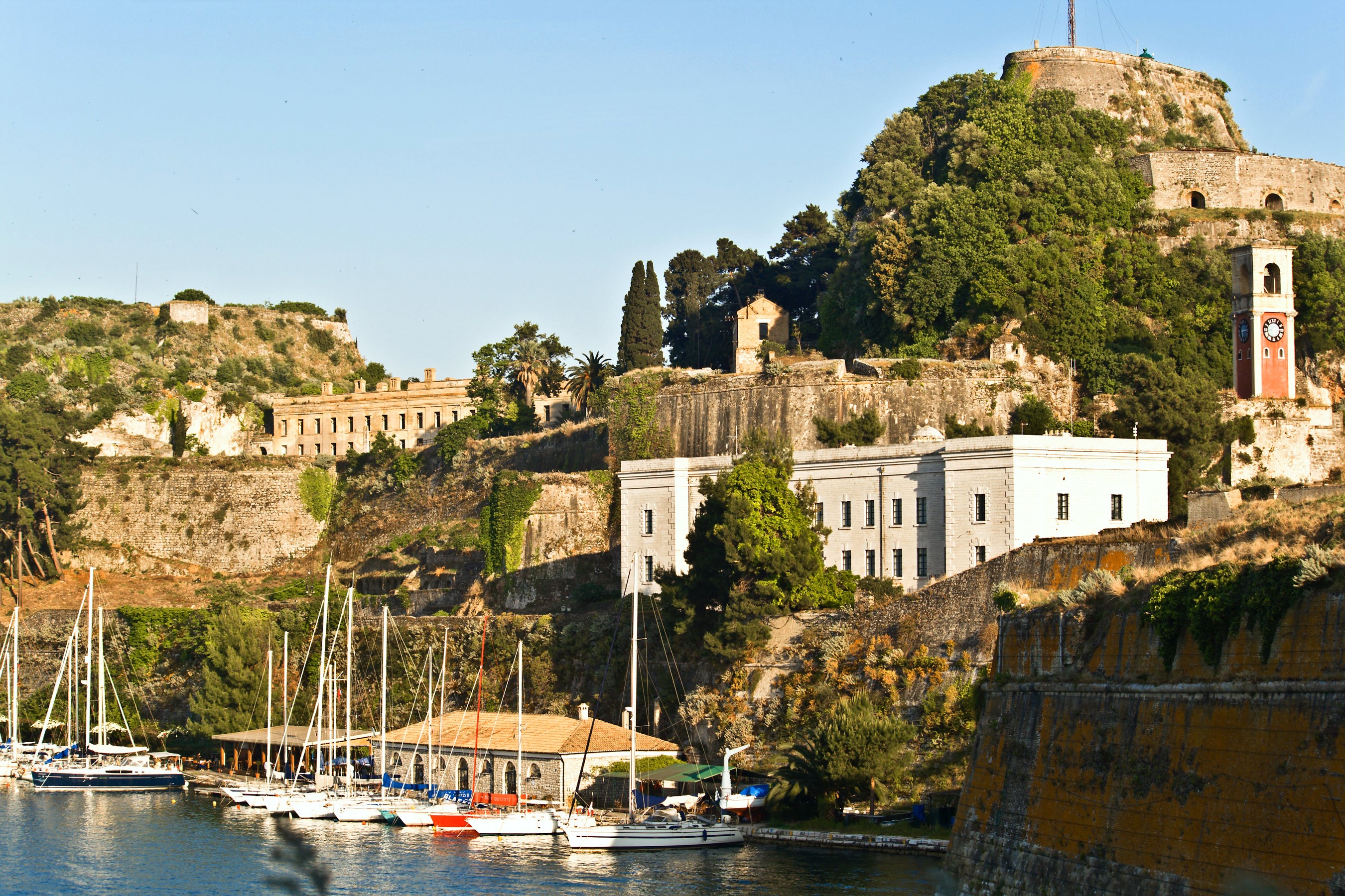 Old Fortress and Harbor with Sailboats in Corfu, Greece HD Wallpaper