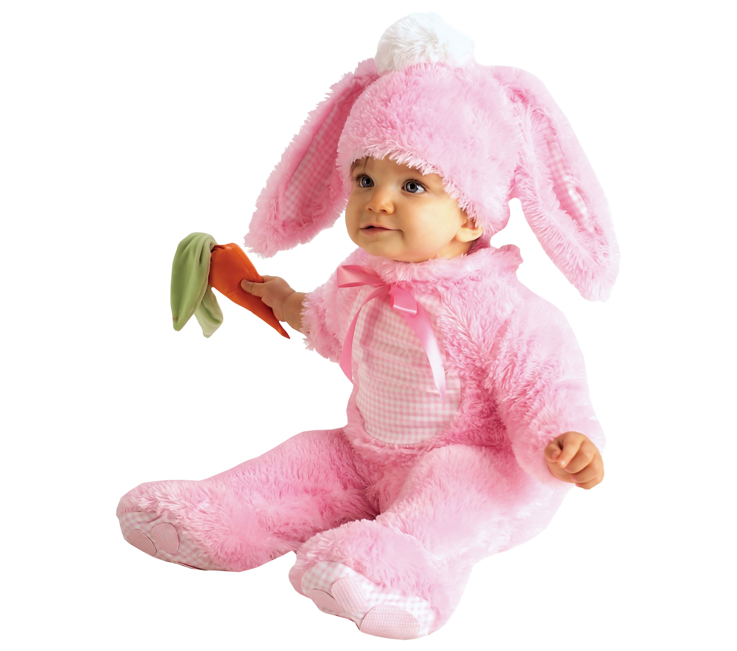 Baby in a pink bunny costume holding a carrot HD Wallpaper