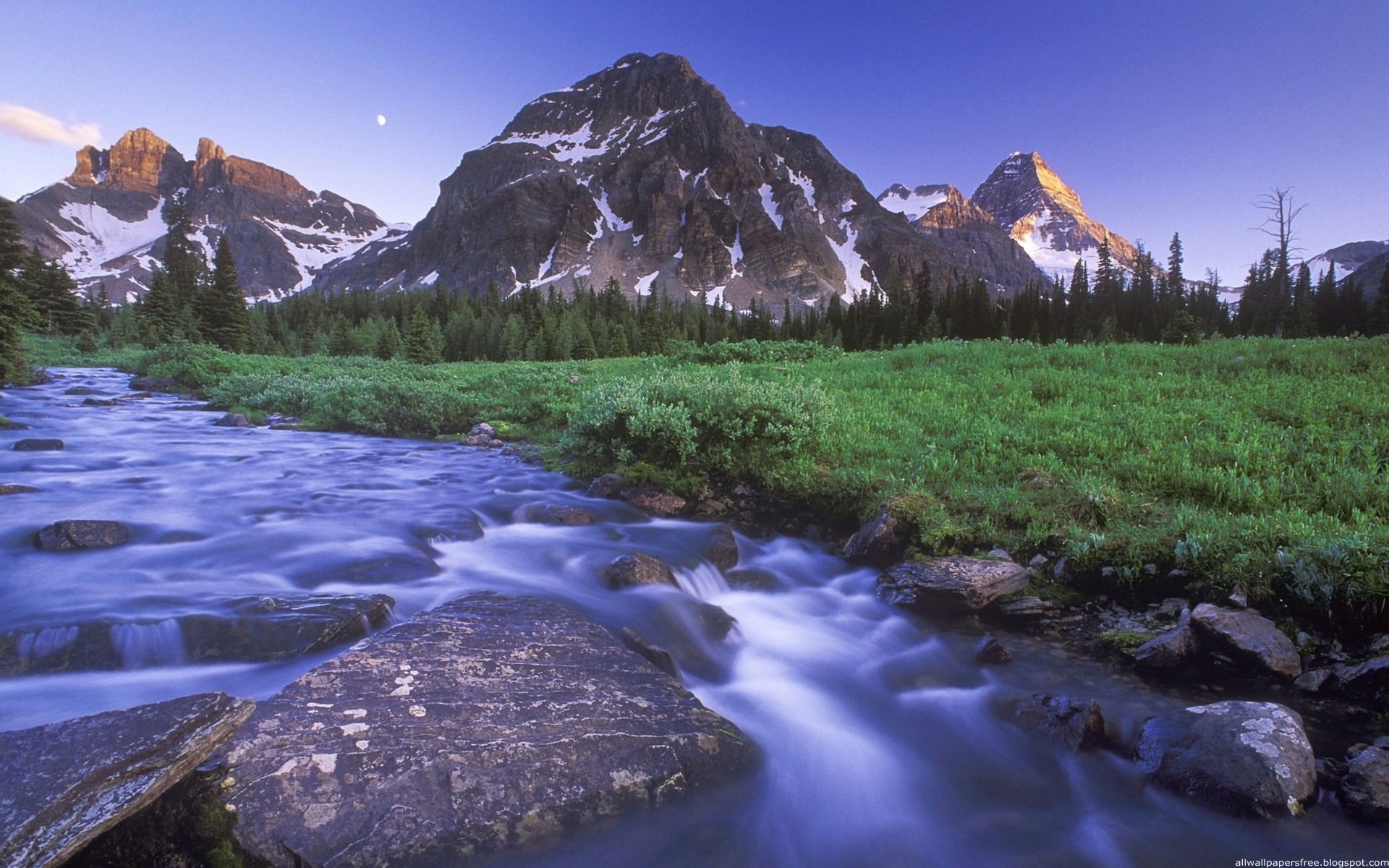 Mountain stream with snow-capped mountains and moon HD Wallpaper