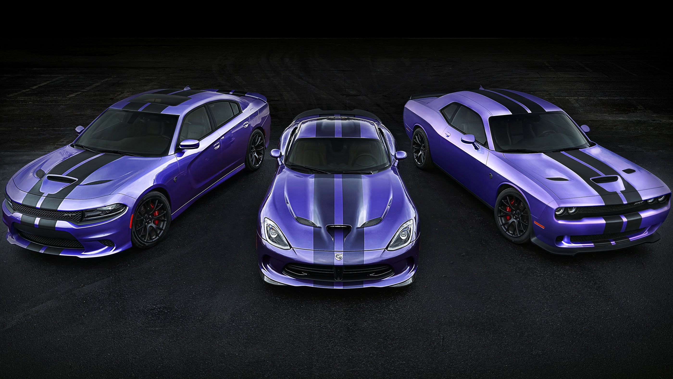 Three Dodge SRT muscle cars in violet HD Wallpaper