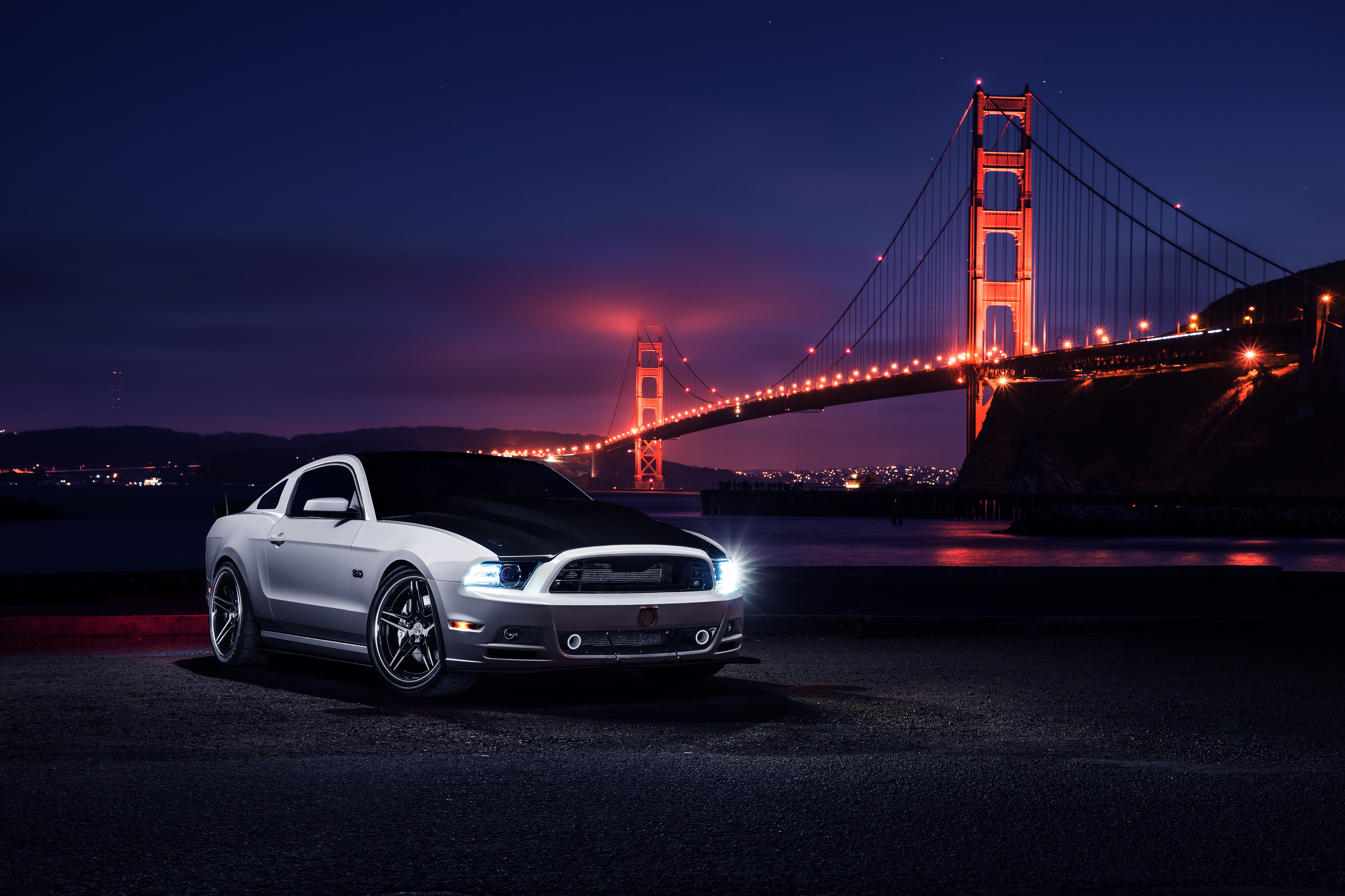 Ford Mustang in front of Golden Gate Bridge at night HD Wallpaper