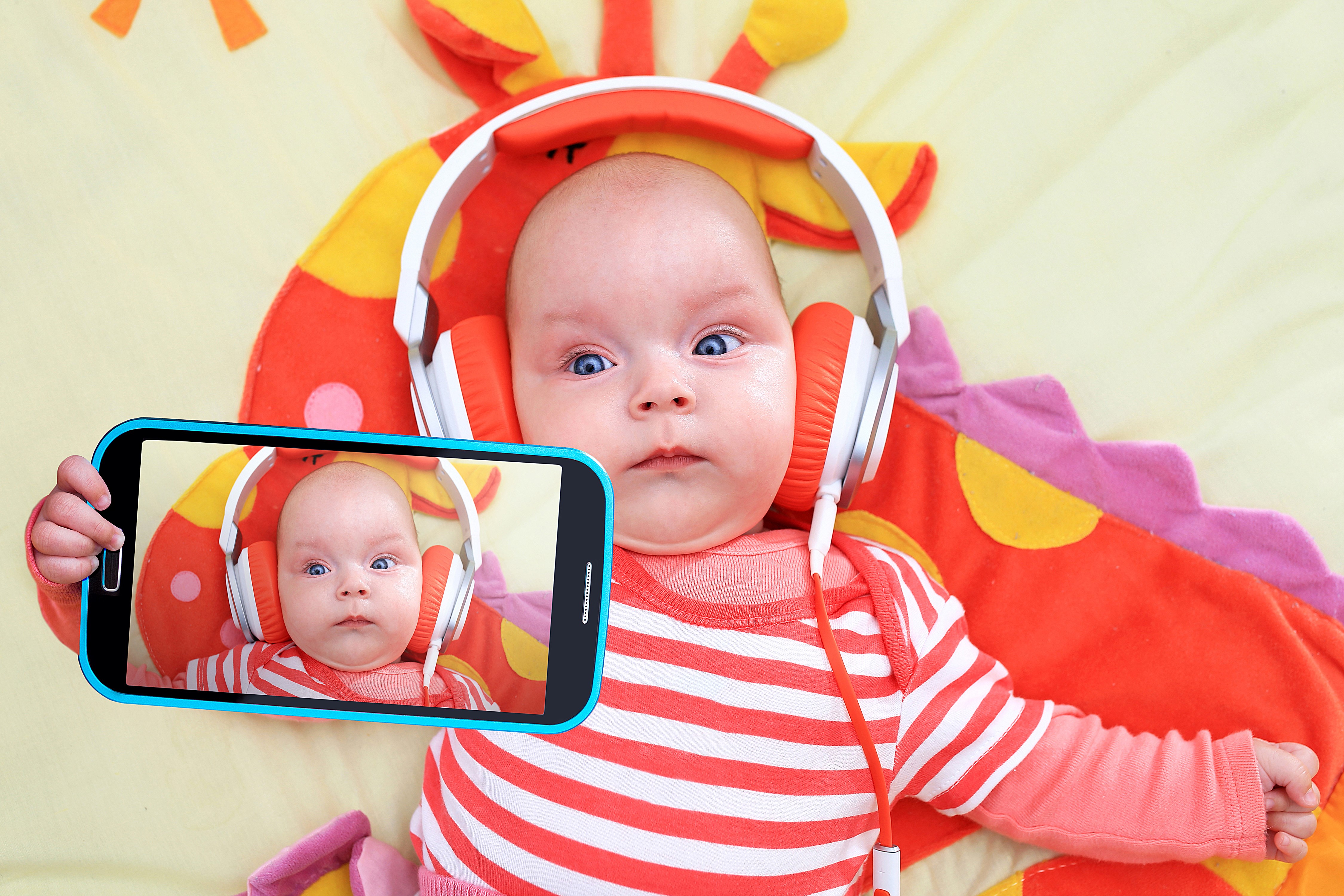 Baby with Headphones and Smartphone Selfie HD Wallpaper