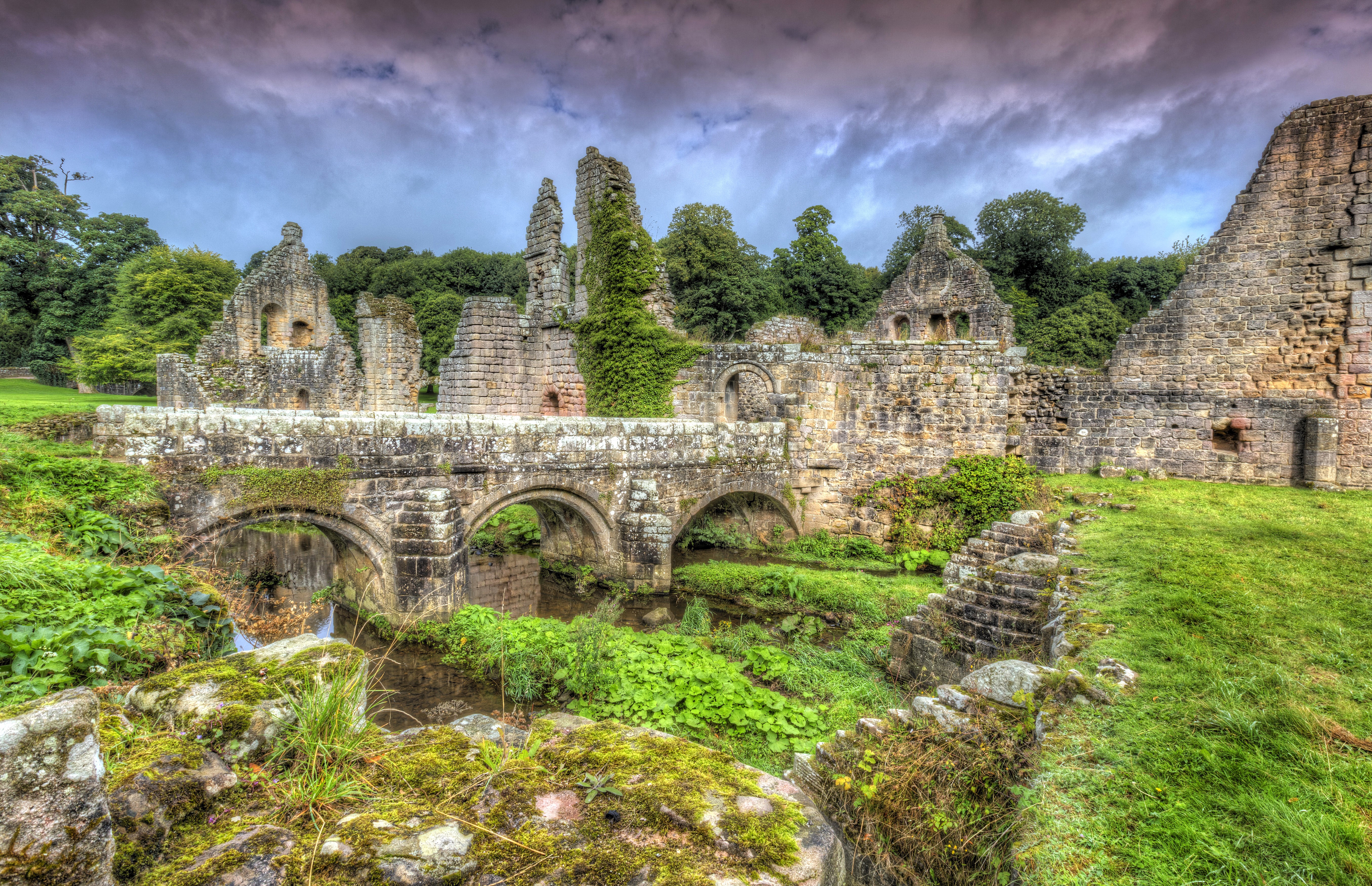 Fountains Abbey Ruins and Bridge in England HD Wallpaper