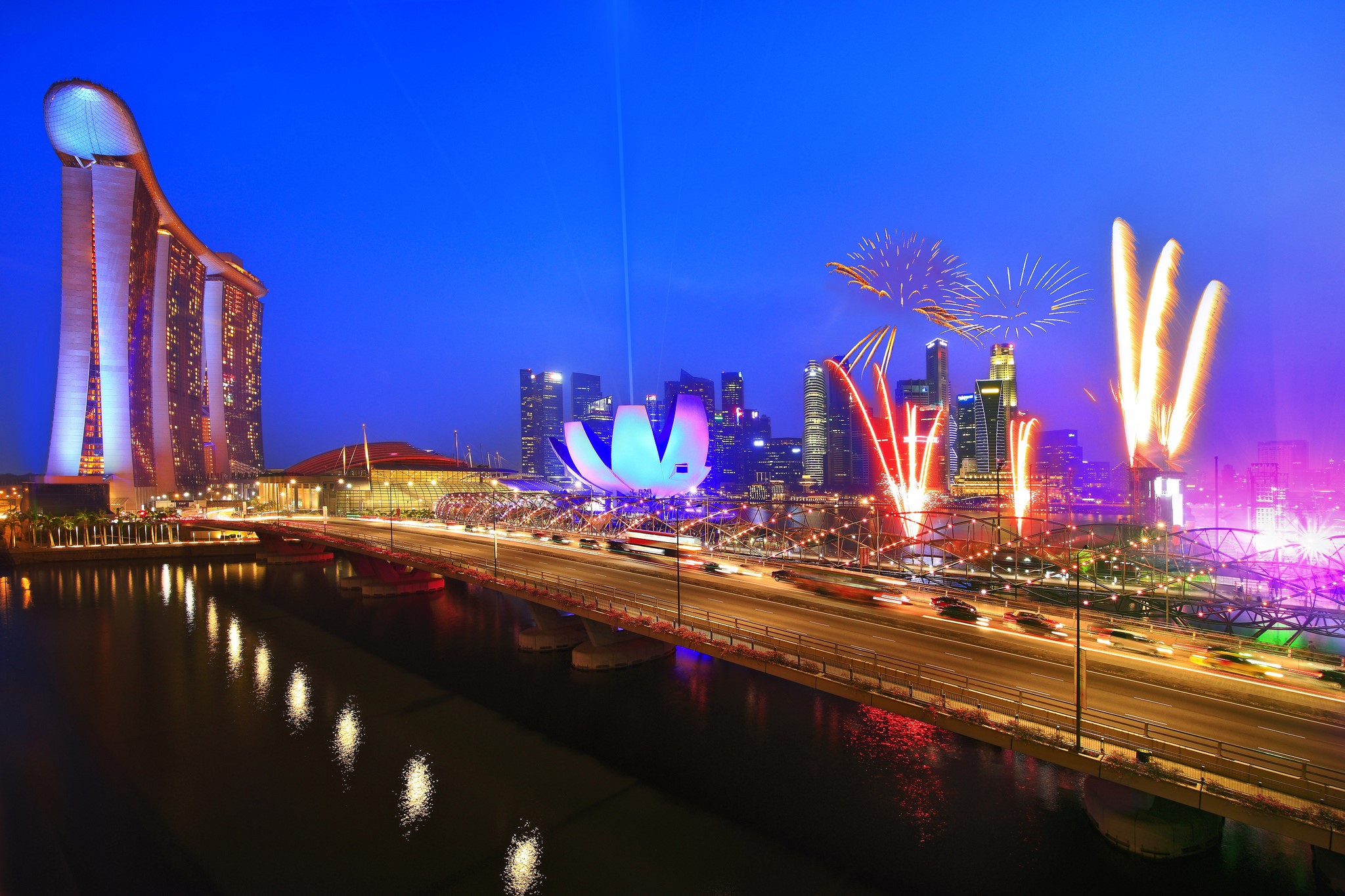 Marina Bay Sands Singapore with Fireworks at Night HD Wallpaper