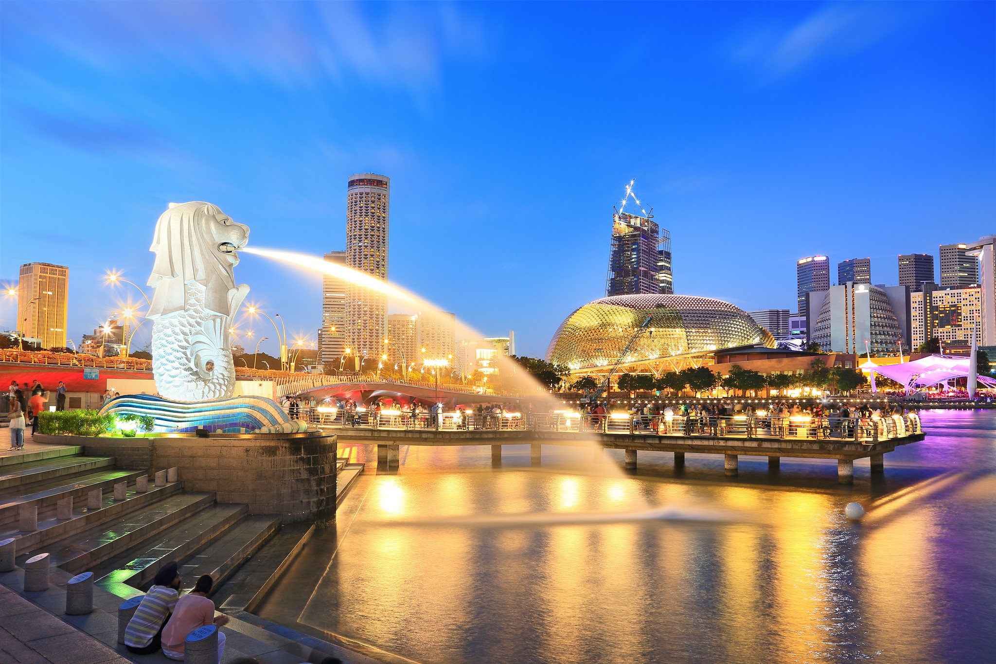Singapore Merlion Fountain and Marina Bay Skyline at Dusk HD Wallpaper