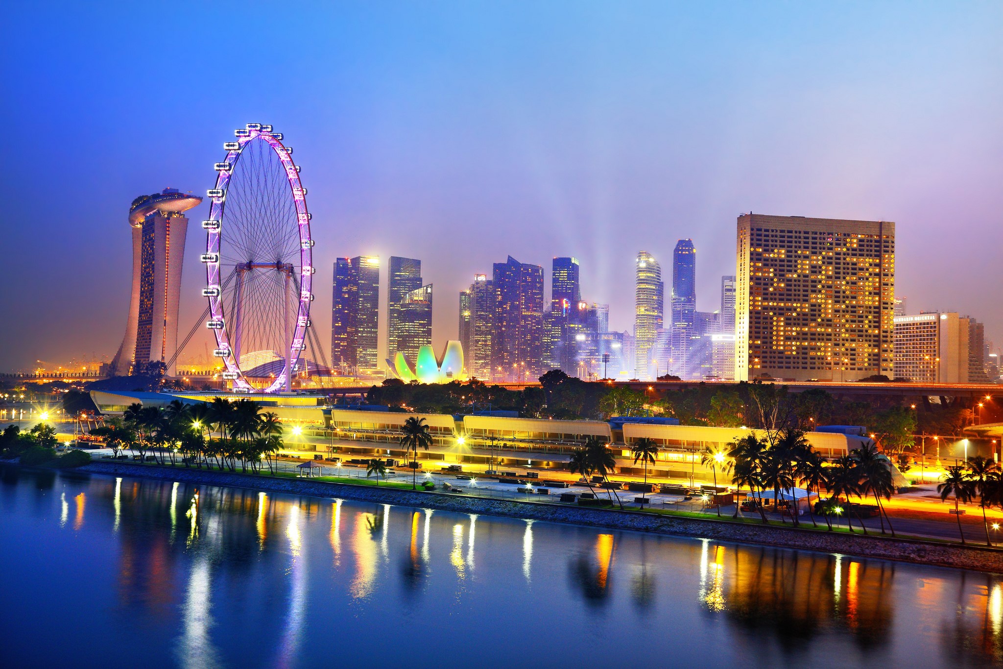 Singapore skyline with Ferris wheel at dusk HD Wallpaper