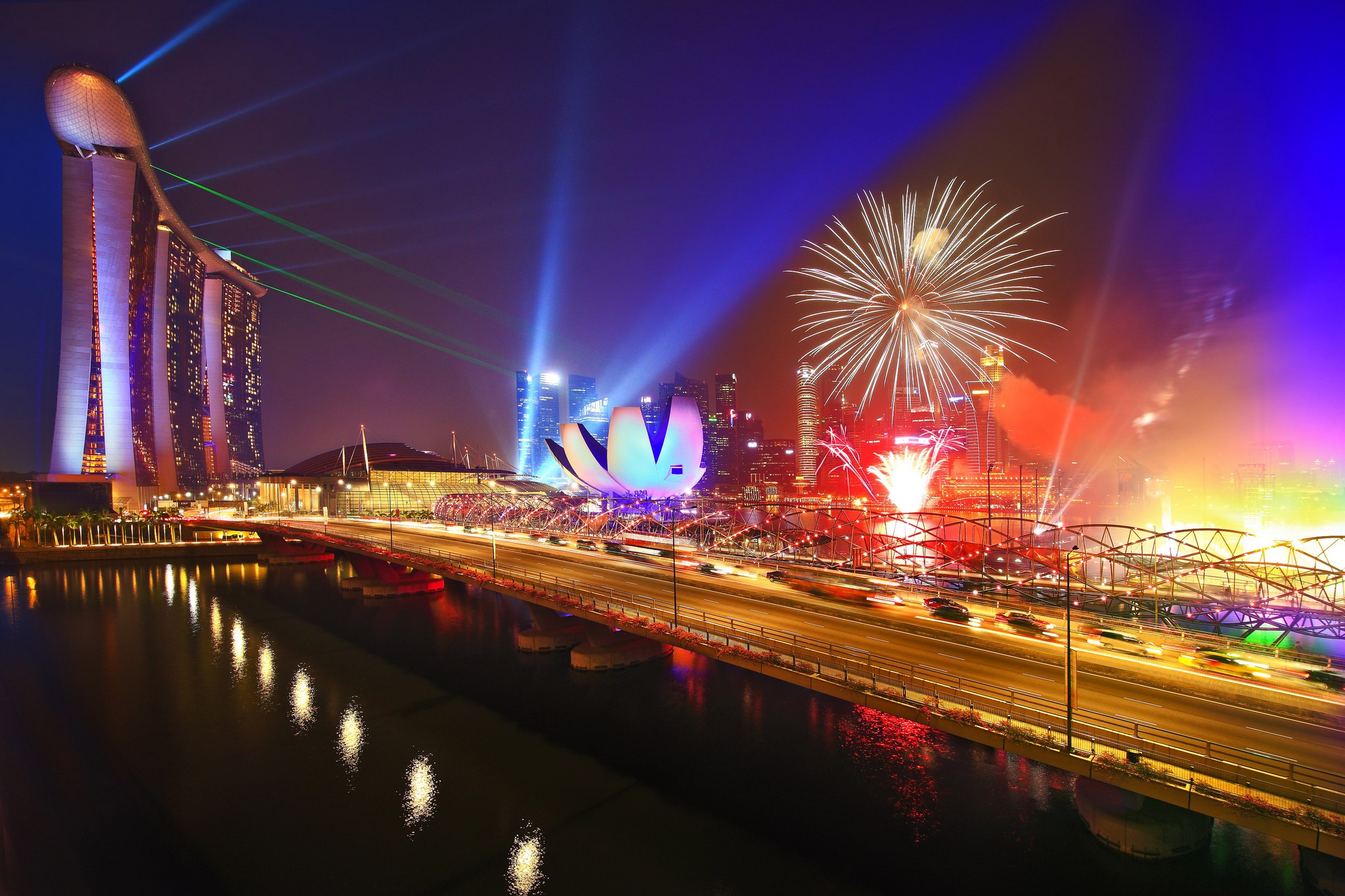 Marina Bay Sands Singapore Fireworks Display at Night HD Wallpaper
