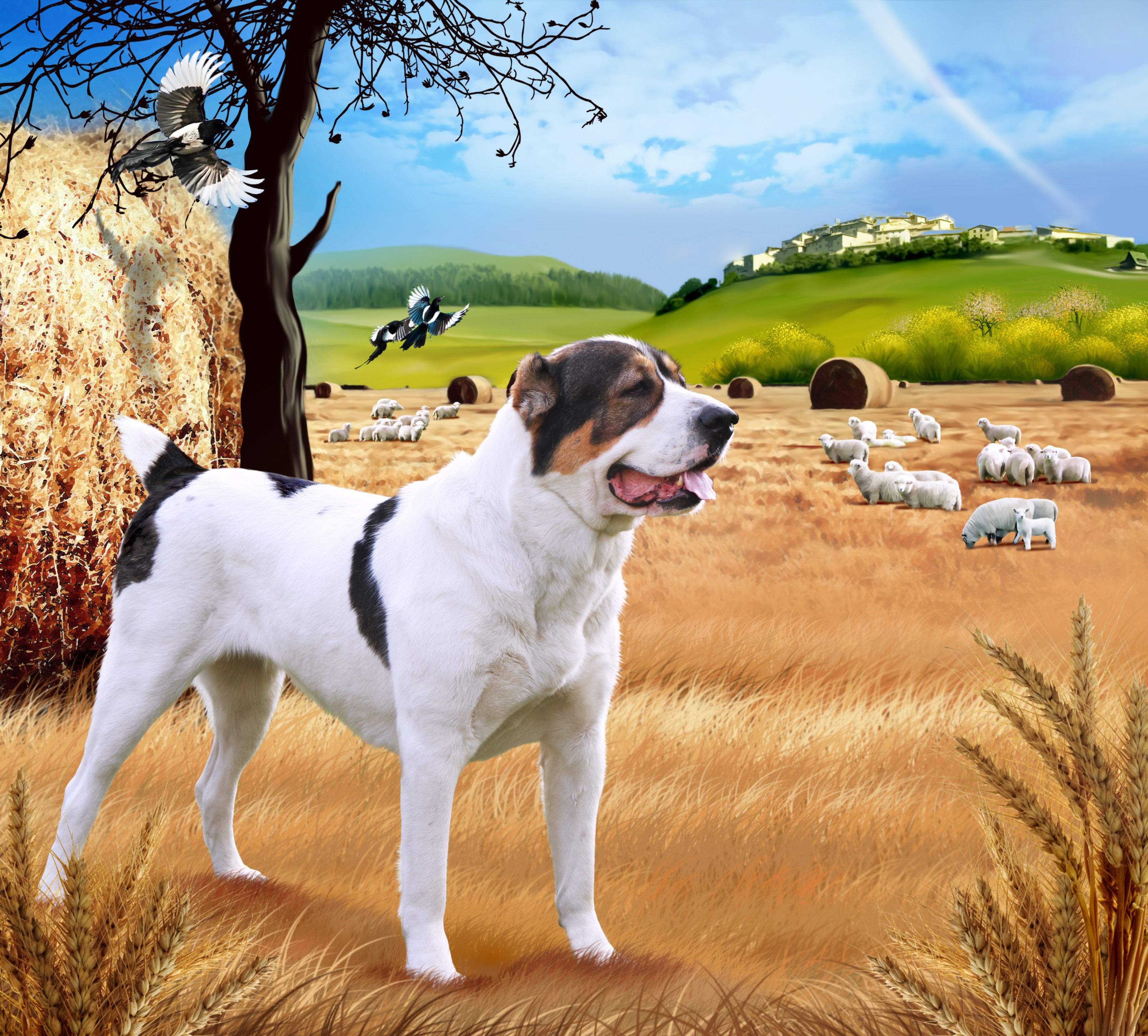 Central Asian Shepherd Dog in a field with sheep HD Wallpaper