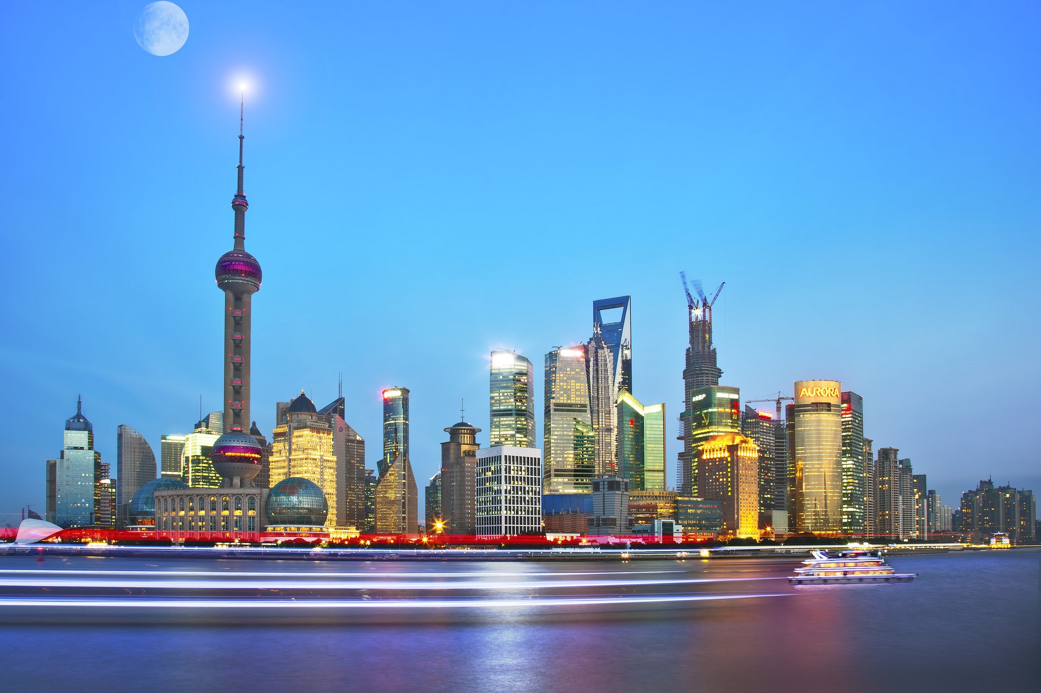 Shanghai Skyline with Oriental Pearl Tower and Moon HD Wallpaper