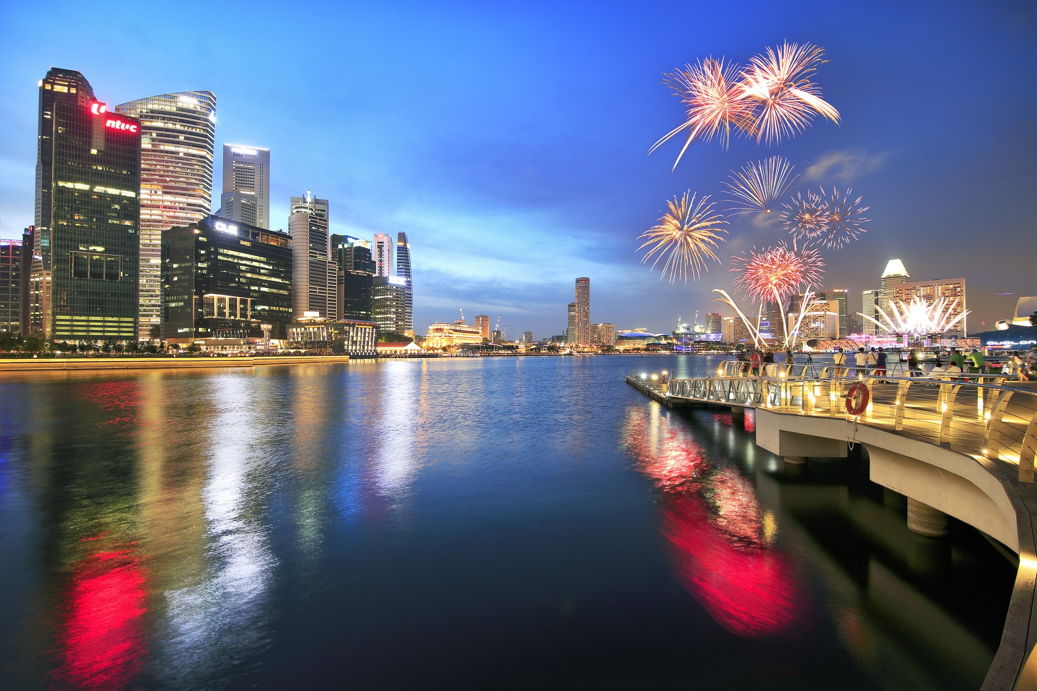 Singapore skyline with fireworks at night HD Wallpaper