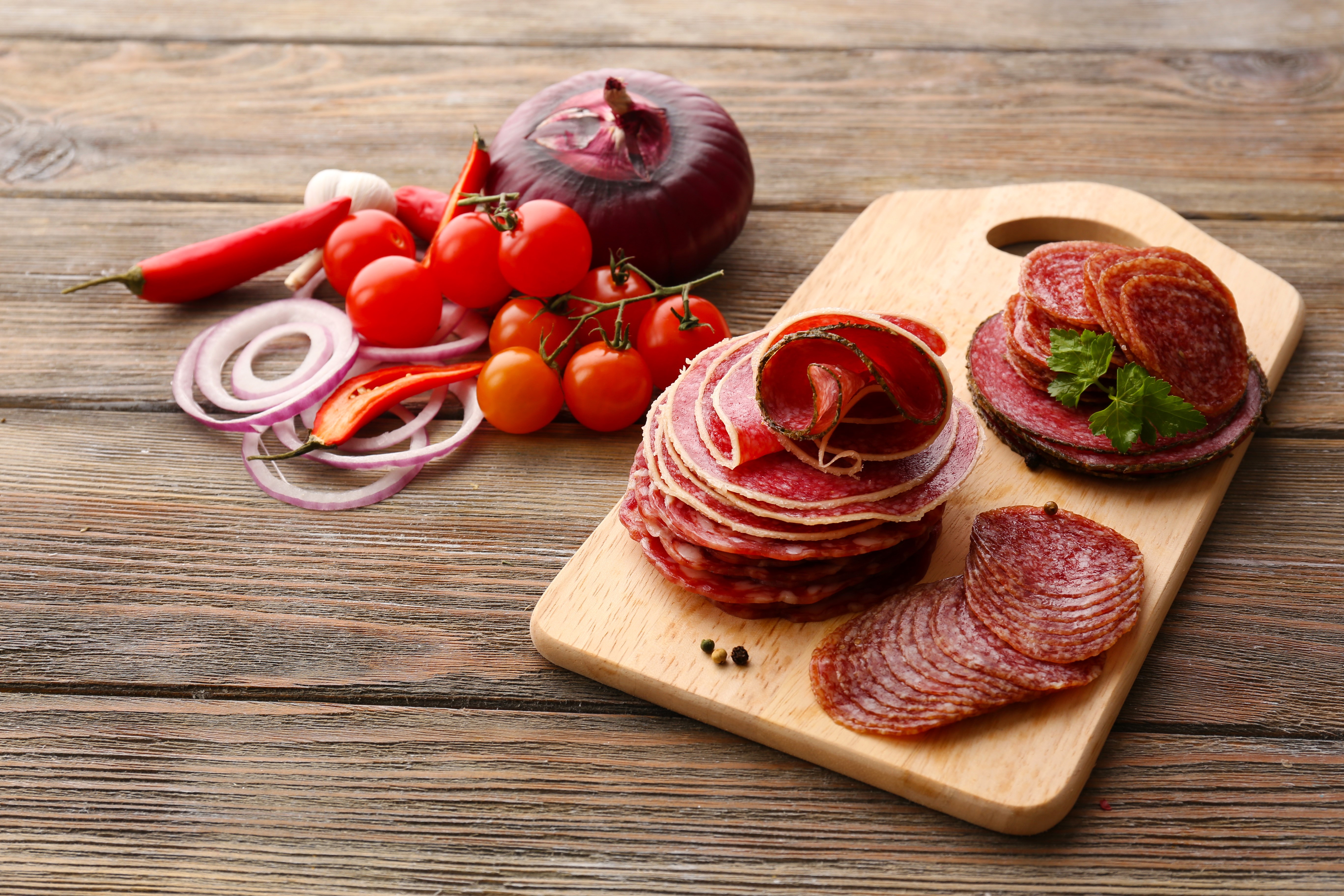 Sausage, Tomatoes, Onion, Chili Peppers, Garlic on Wooden Table HD Wallpaper