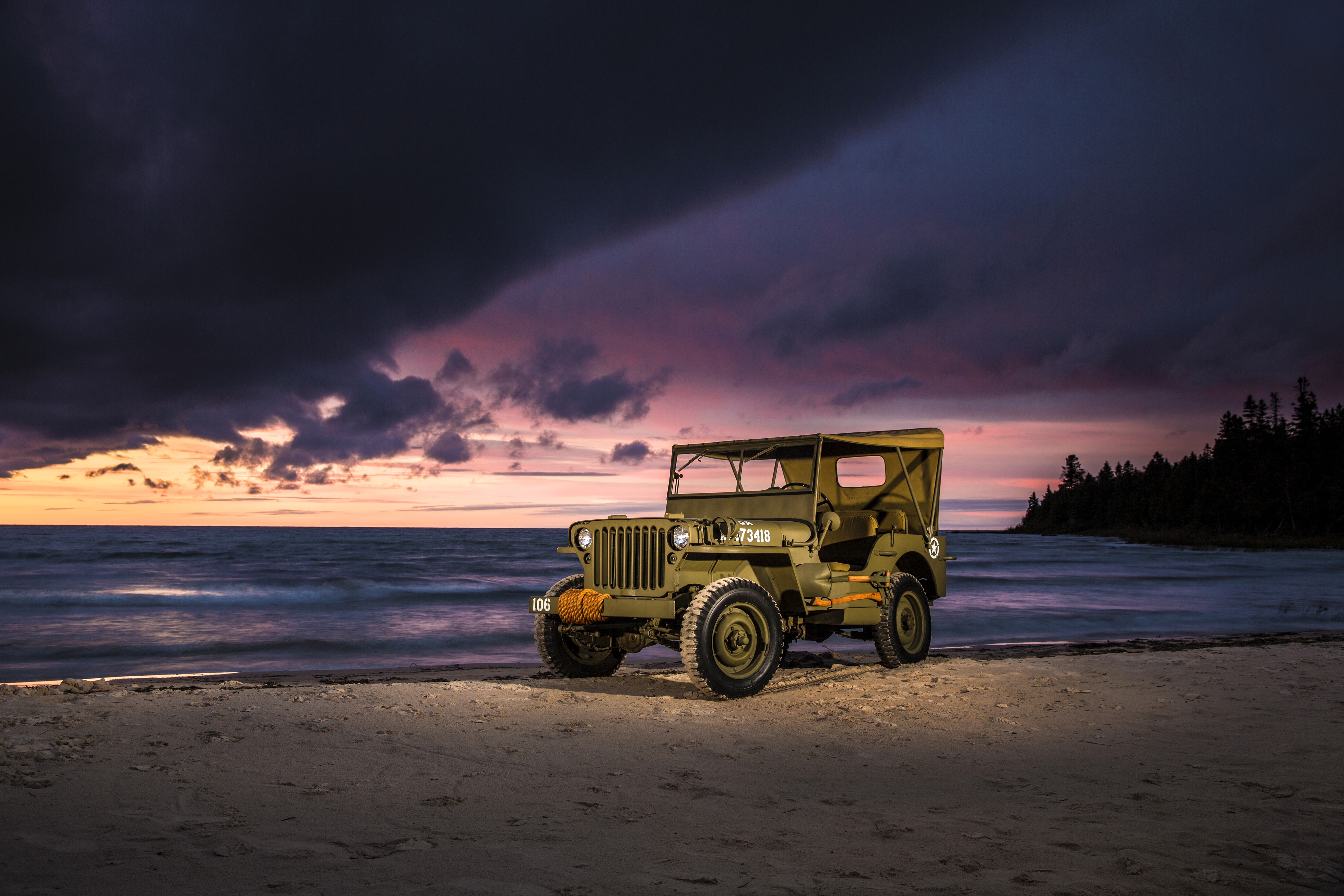 1944 Willys MB Jeep on a beach at sunset HD Wallpaper