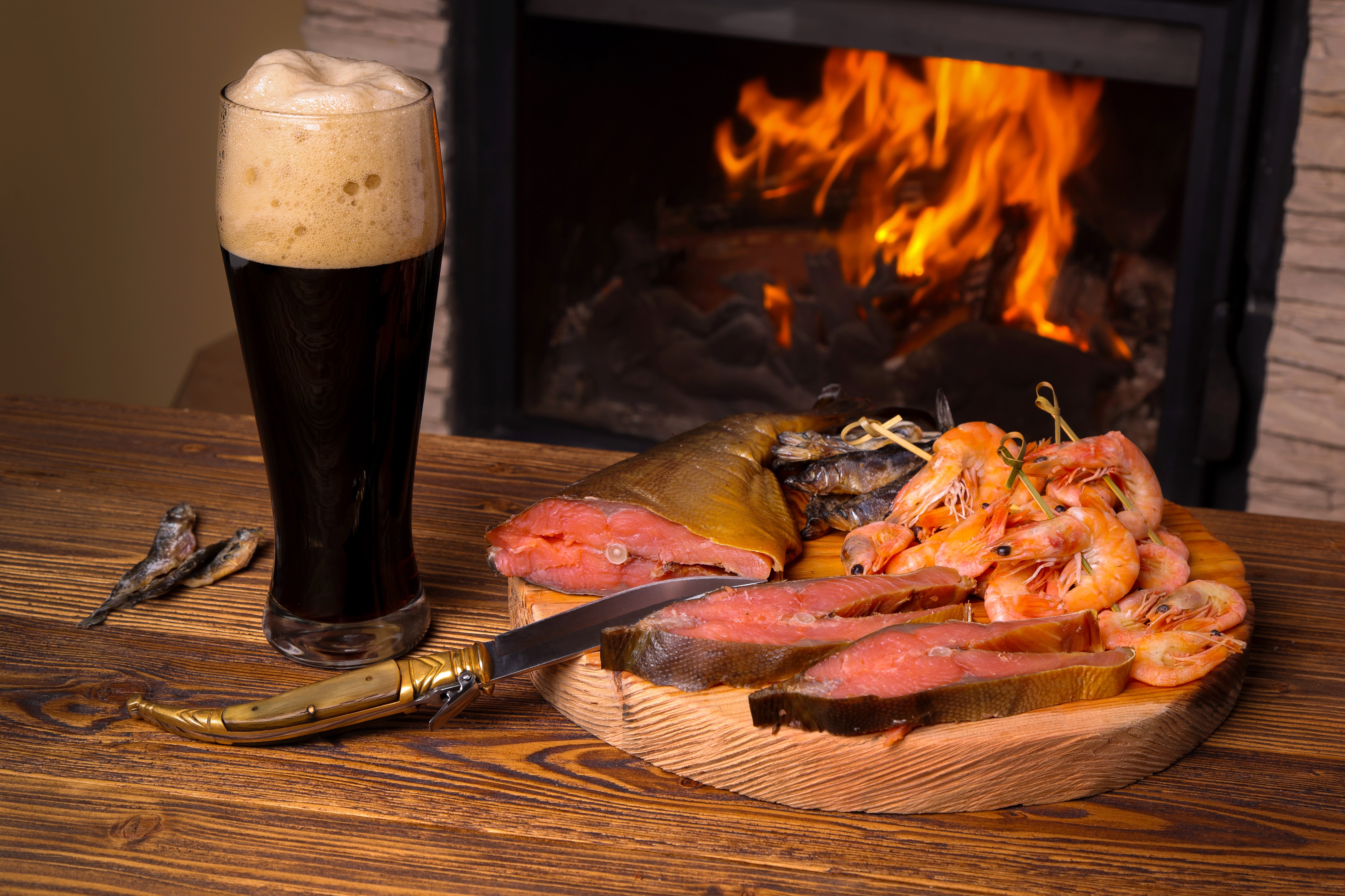 Beer, smoked fish, shrimp, and fireplace HD Wallpaper