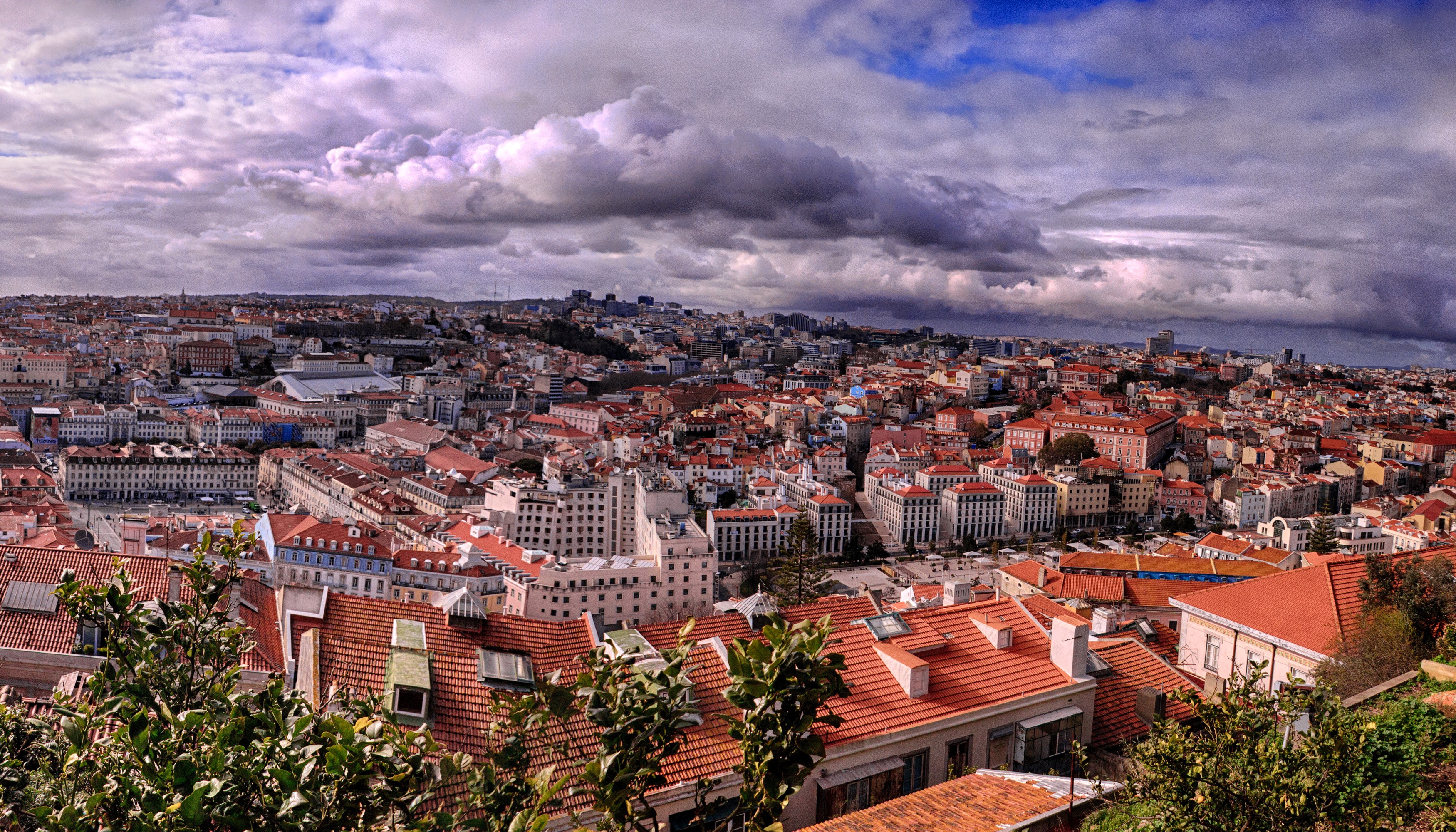 Lisbon, Portugal cityscape with clouds HD Wallpaper
