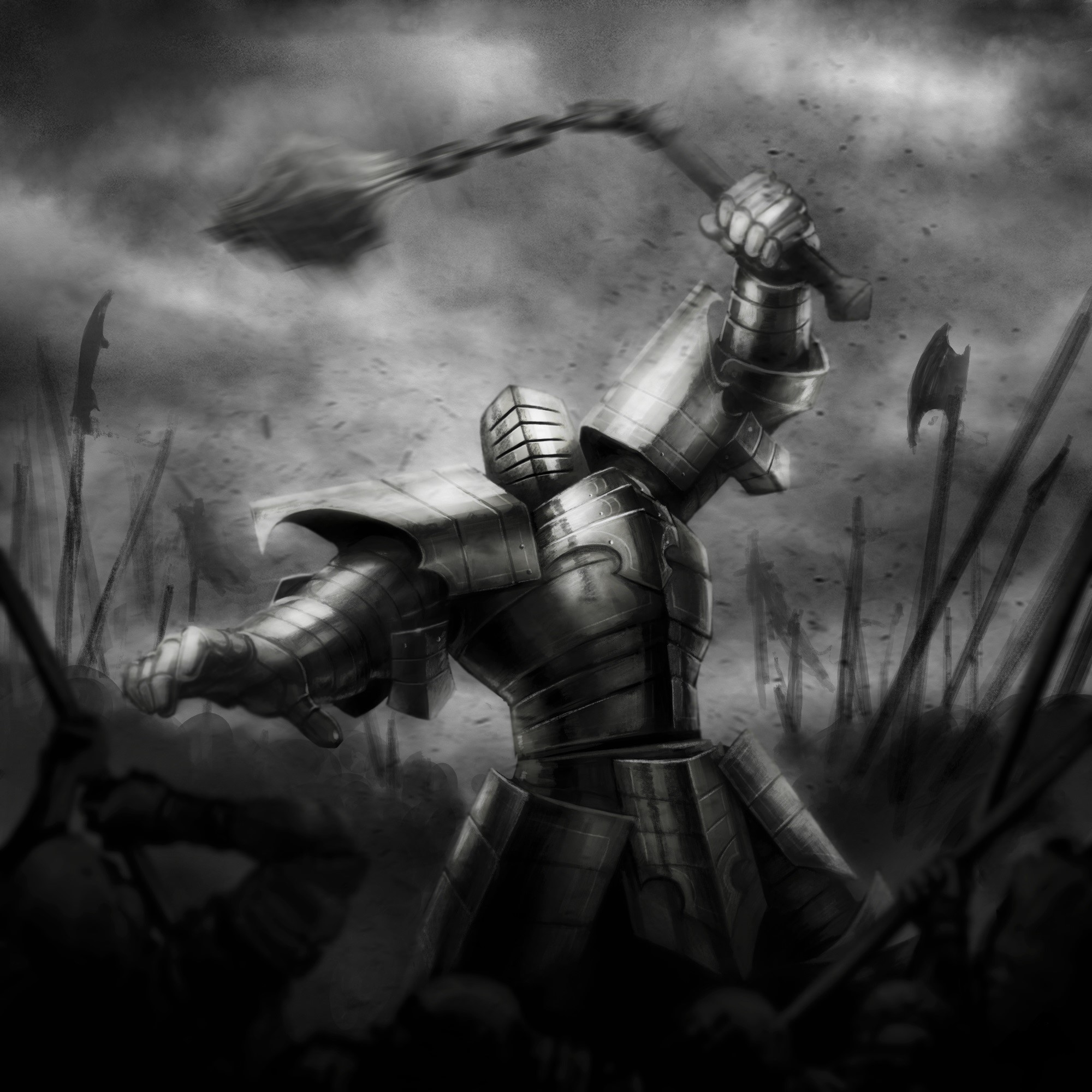 Knight in armor wielding a flail in battle HD Wallpaper