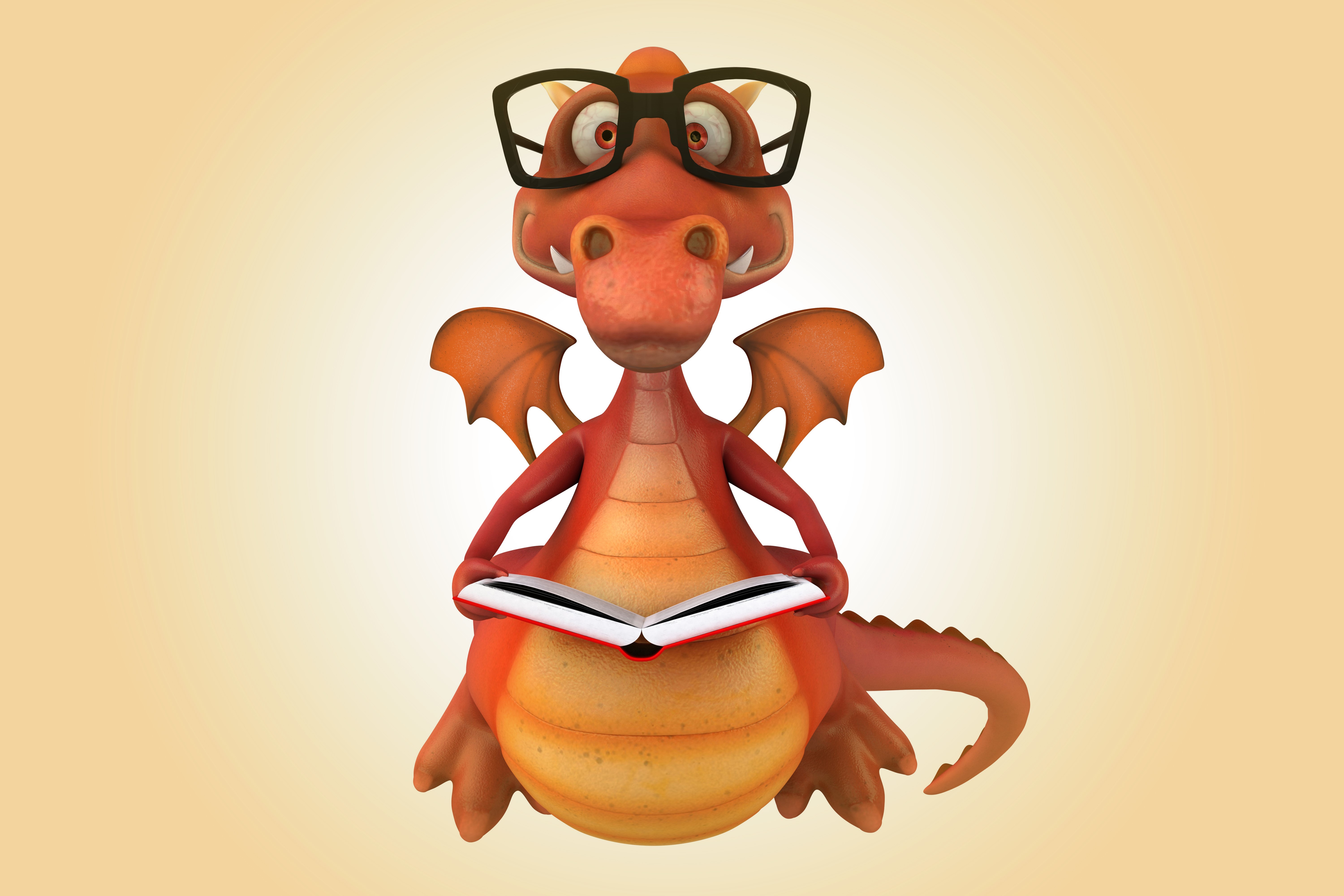 A cartoon dragon wearing glasses reads a book HD Wallpaper