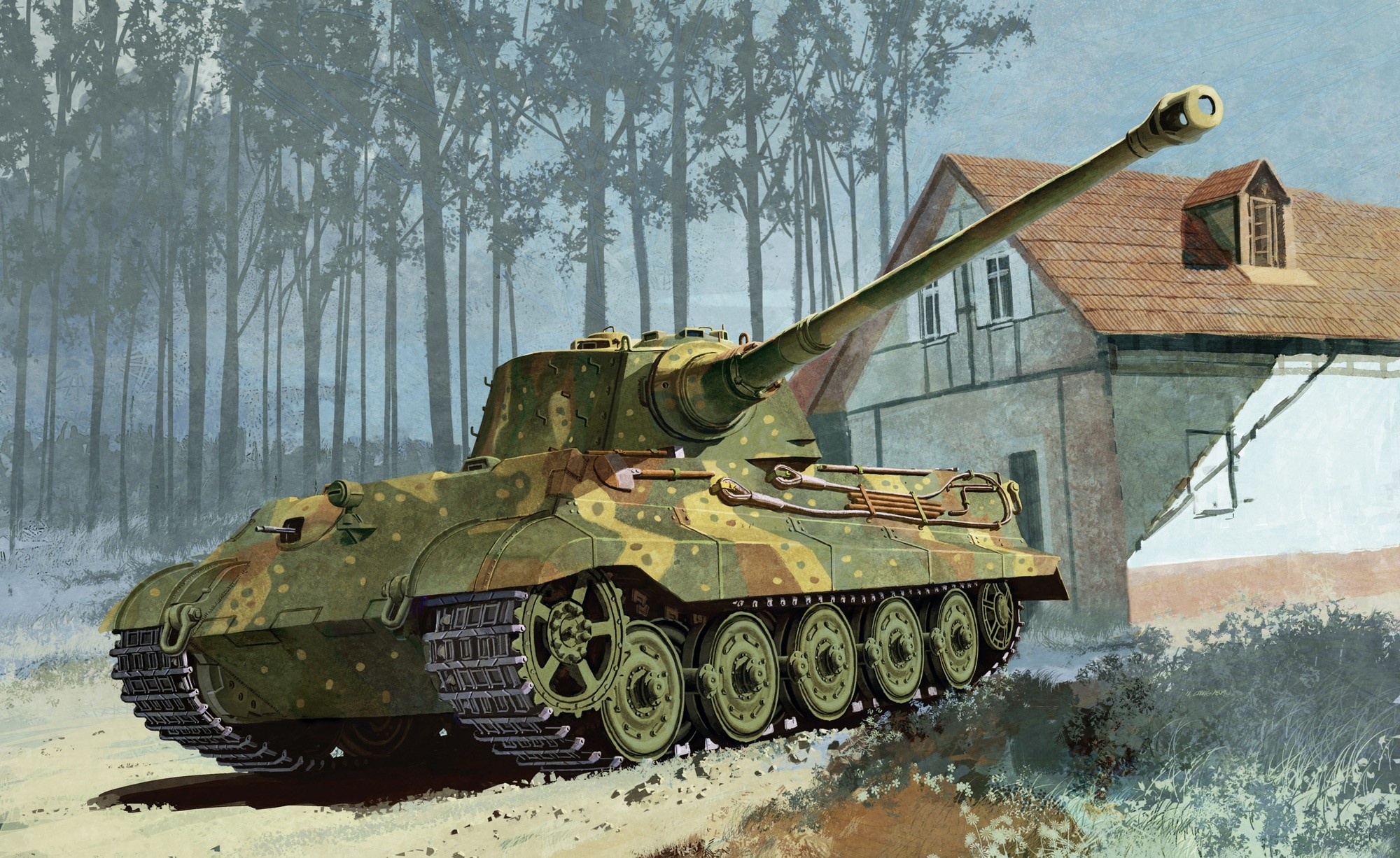 Kingtiger tank in front of a damaged building HD Wallpaper