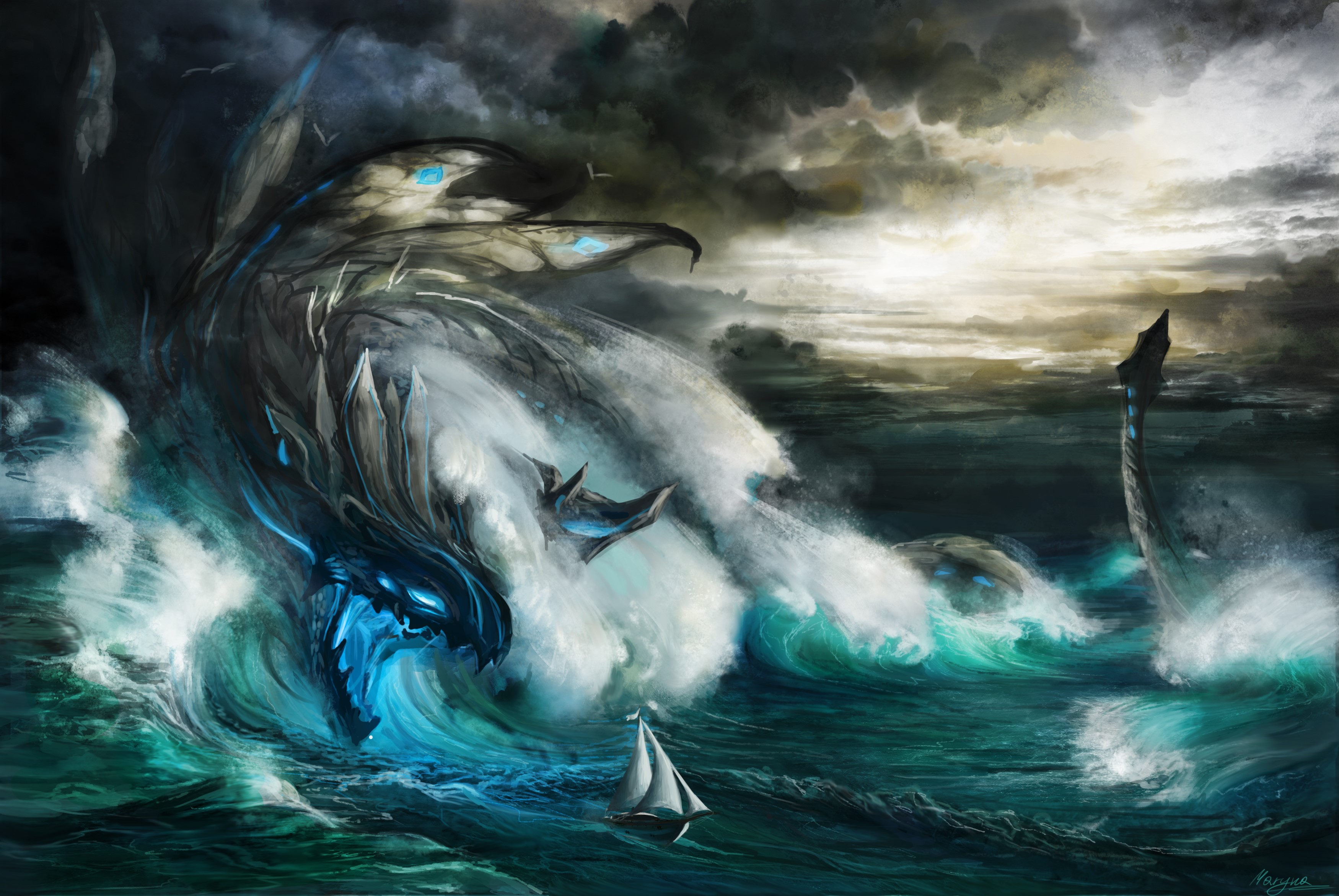 Sea monster attacking a sailboat during a storm HD Wallpaper