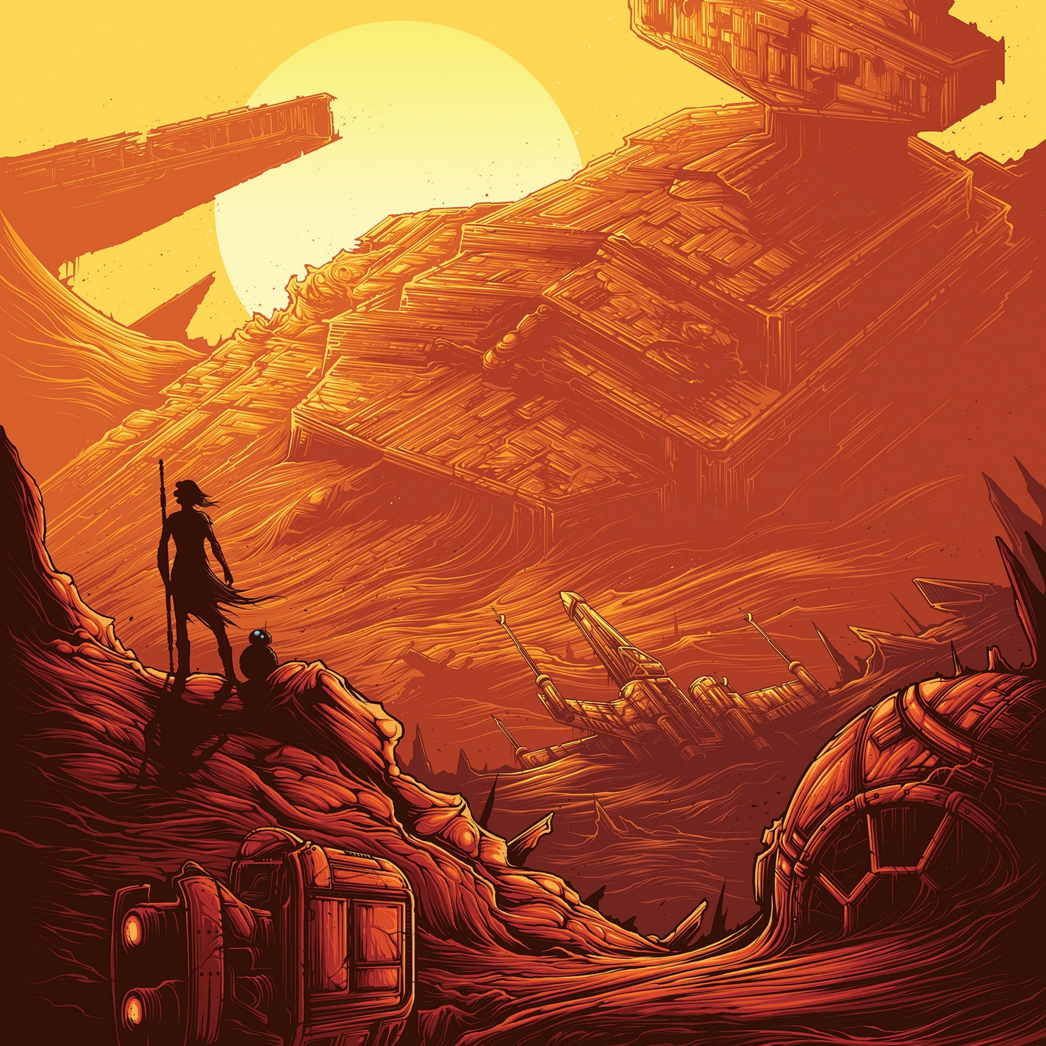 Rey and BB-8 on Jakku from Star Wars: The Force Awakens HD Wallpaper